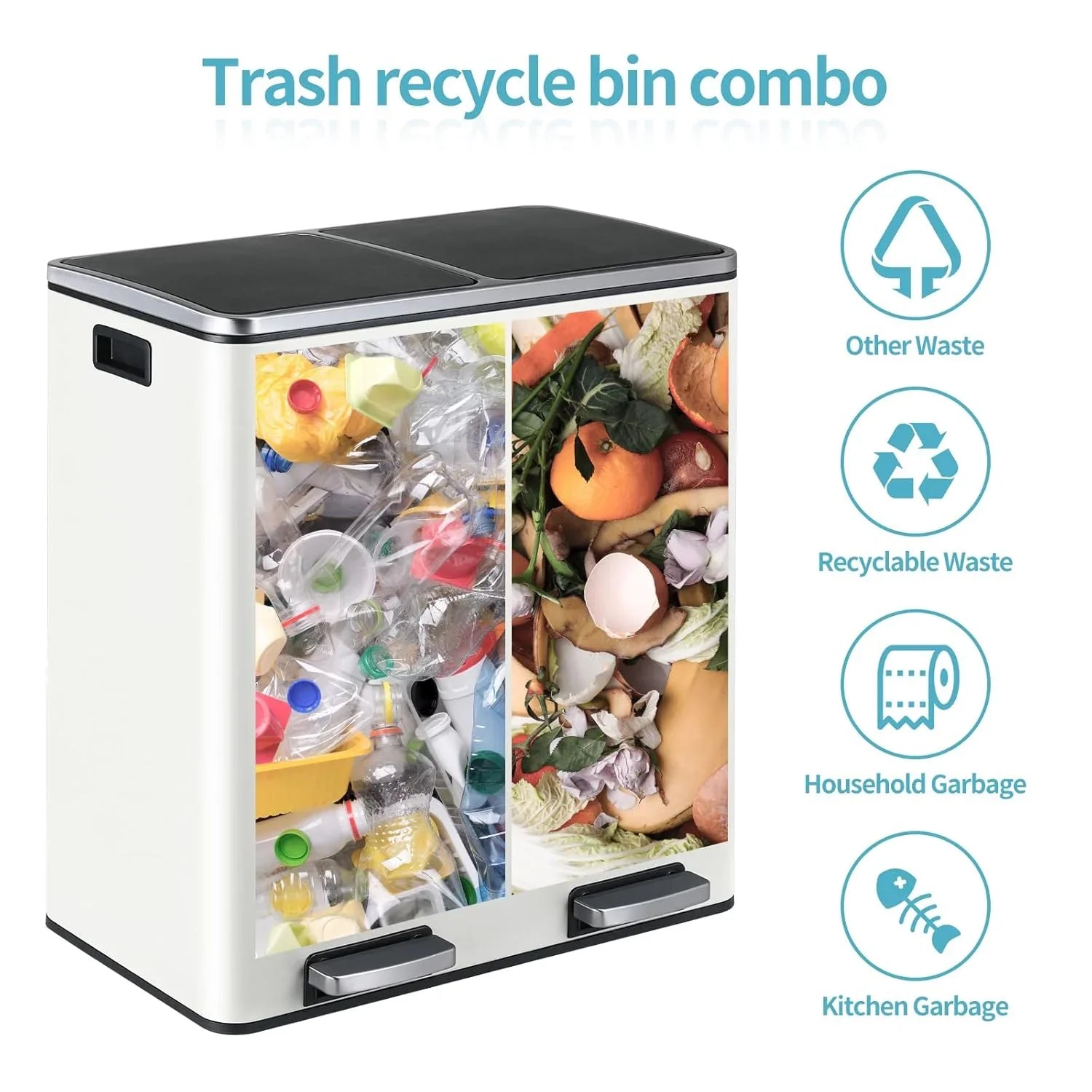 2026 New LAZY BUDDY Dual Garbage Can, Stainless Steel 16 Gallon Step Kitchen Trash Can with Soft-Close Lid, Double Compartment Garbage Recycling Bin - Image 28