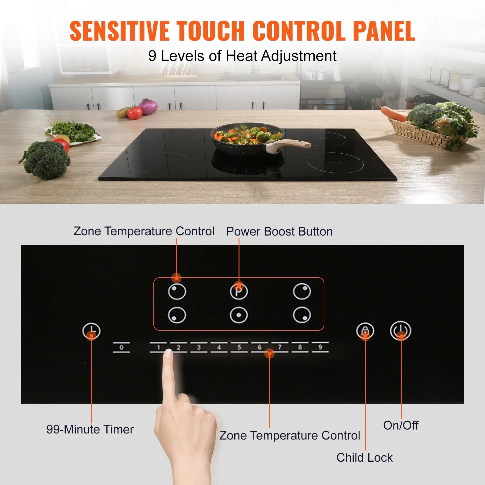 2026 New KFFKFF Electric Range, 5 Elements, 30'' Built-in Induction Cooking Surface, 9200W, 9 Power Settings, LED Display, Safety Lock & Heat Guard - Image 4