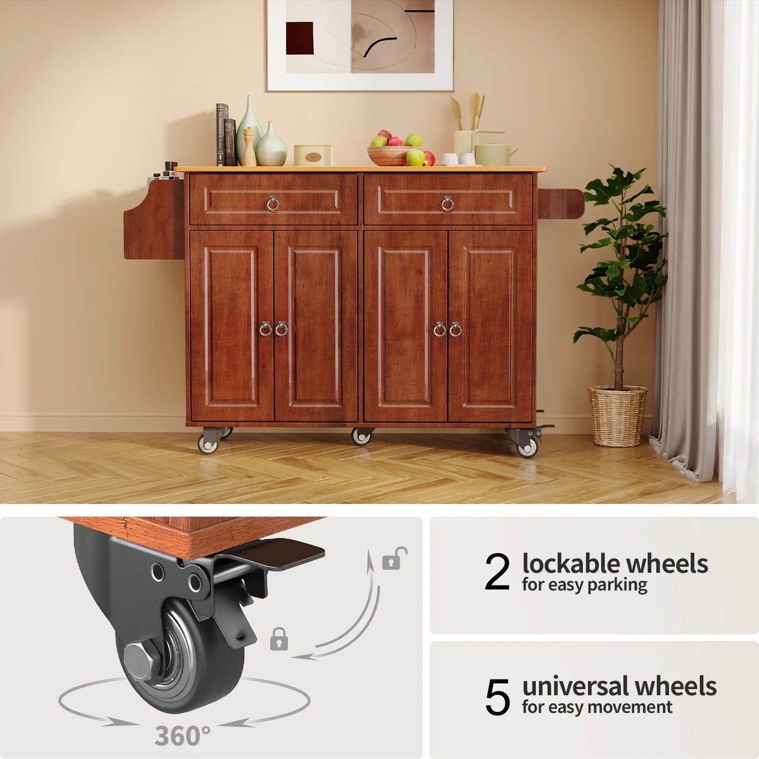 2026 New Lofka 52-Inch Kitchen Island with Storage on Wheels with Wood Drop Leaf, Ideal for Small Kitchens - Image 17
