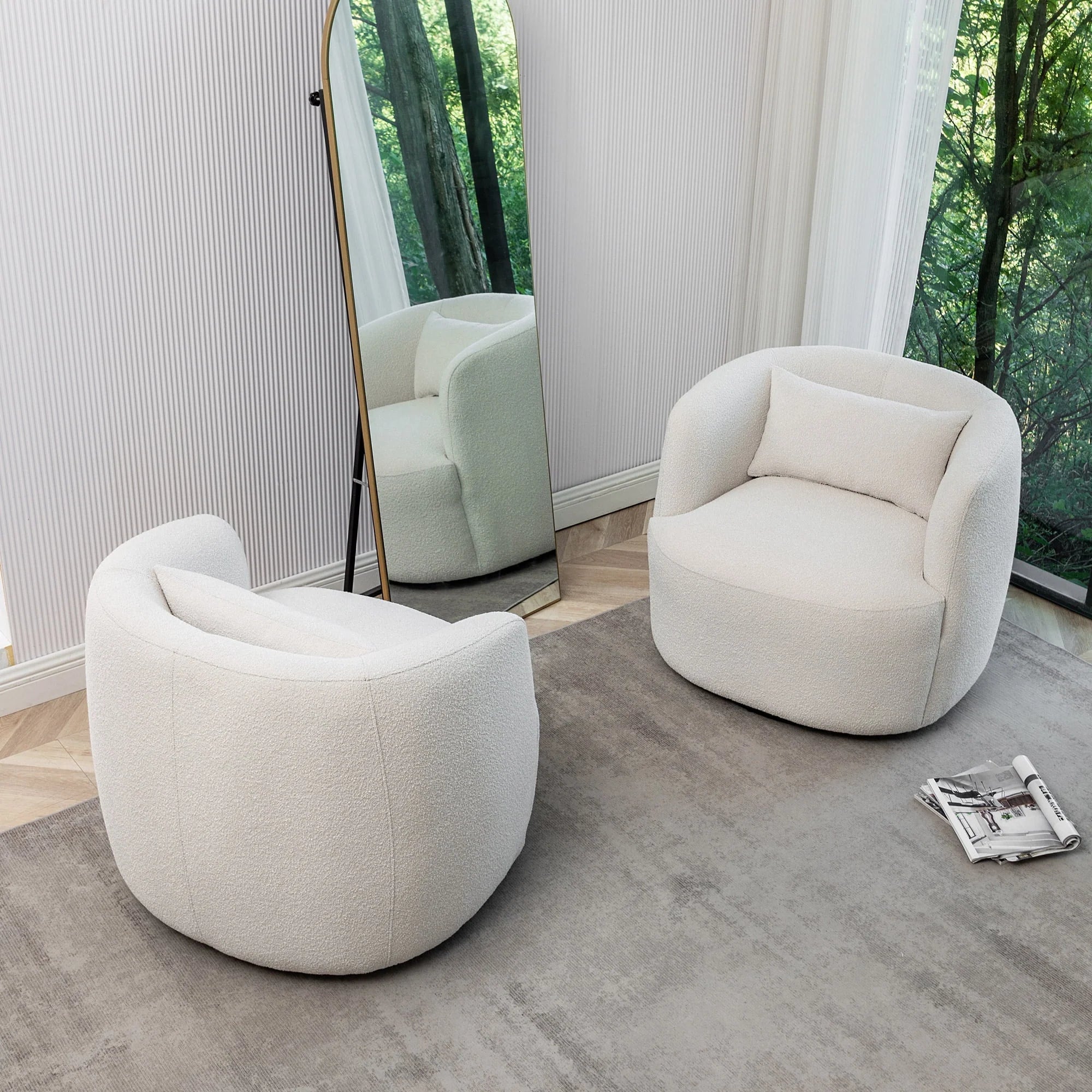 2026 New 34" Wide Boucle Swivel Barrel Chair, No Assembly Round Upholstered Armchair Accent Chair Single Sofa Chair with Toss Pillow for Living Room and Bedroom, Taupe - Image 22
