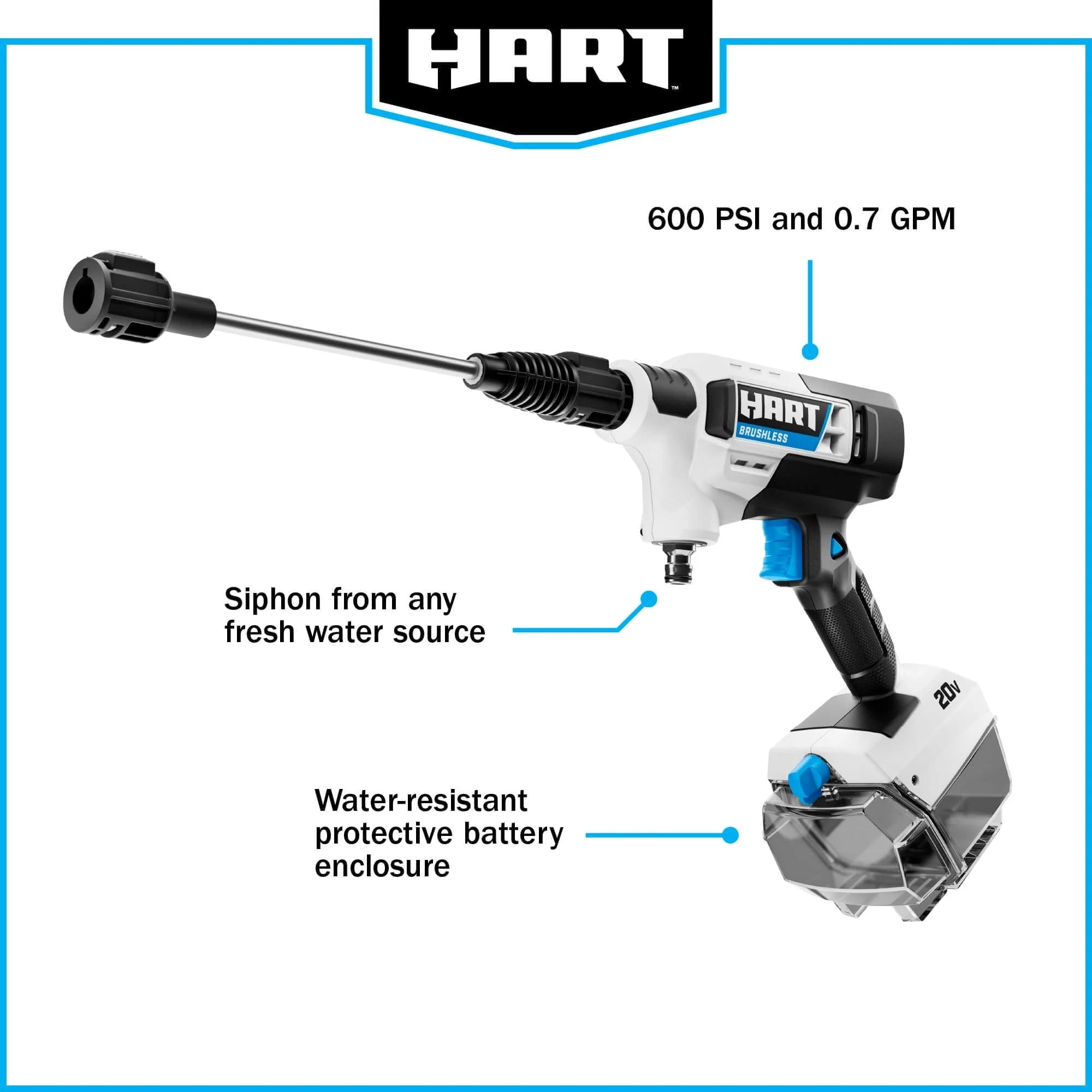 2026 New HART 20-Volt Cordless Brushless 600PSI Power Cleaner Kit (1) 20-Volt 4.0Ah Lithium-Ion Battery - Image 3
