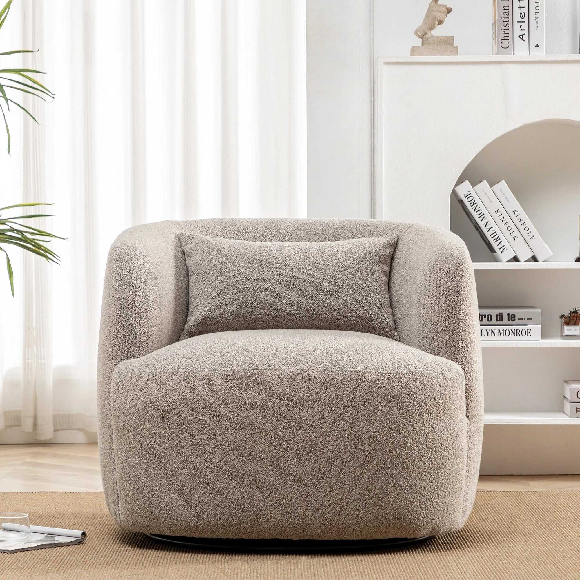 2026 New 34" Wide Boucle Swivel Barrel Chair, No Assembly Round Upholstered Armchair Accent Chair Single Sofa Chair with Toss Pillow for Living Room and Bedroom, Taupe - Image 15