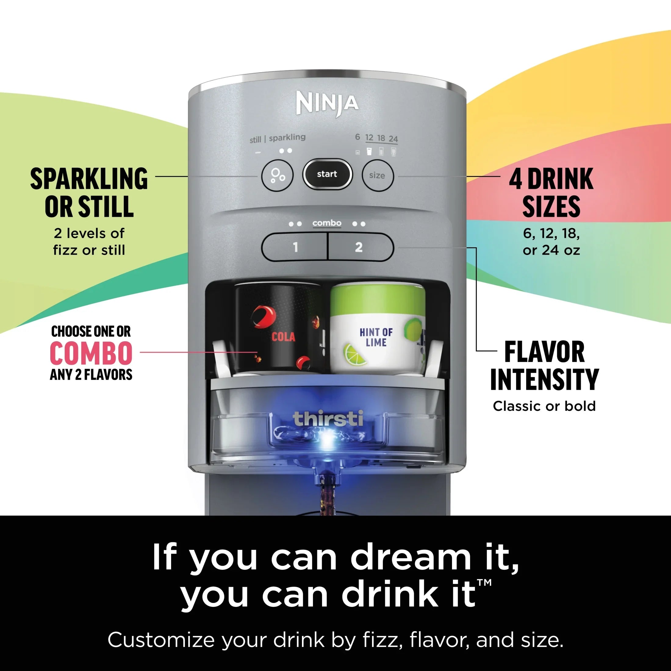 2026 New Ninja Thirsti Drink Maker, Still, Sparkling Custom Drink Kit, with CO2 Canister, Flavors, and 48 oz Reservoir - Image 3