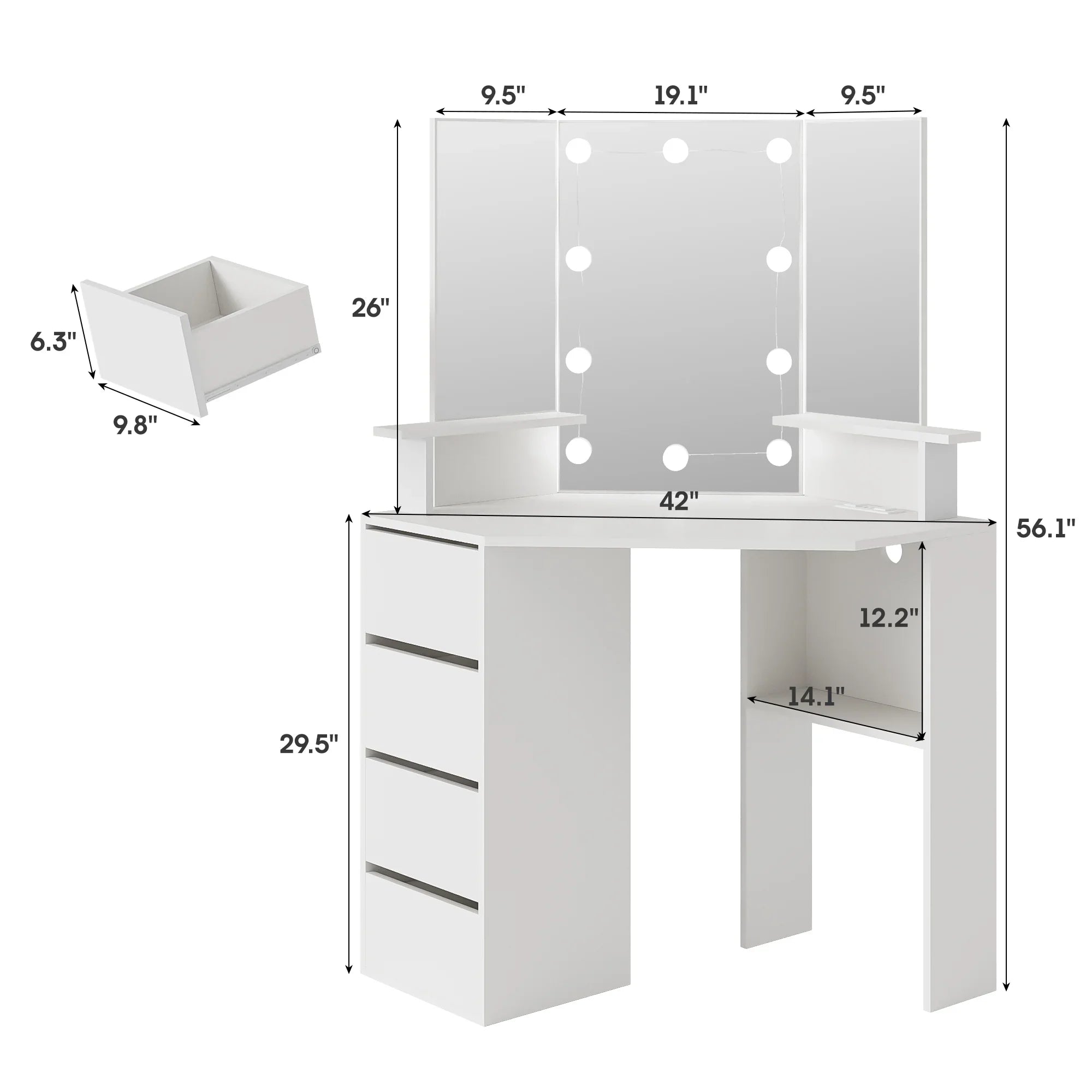 2026 New Veanerwood White Corner Vanity Desk with Mirror and Light,Makeup Table with 4 Drawers and Charging Station for Bedroom - Image 12