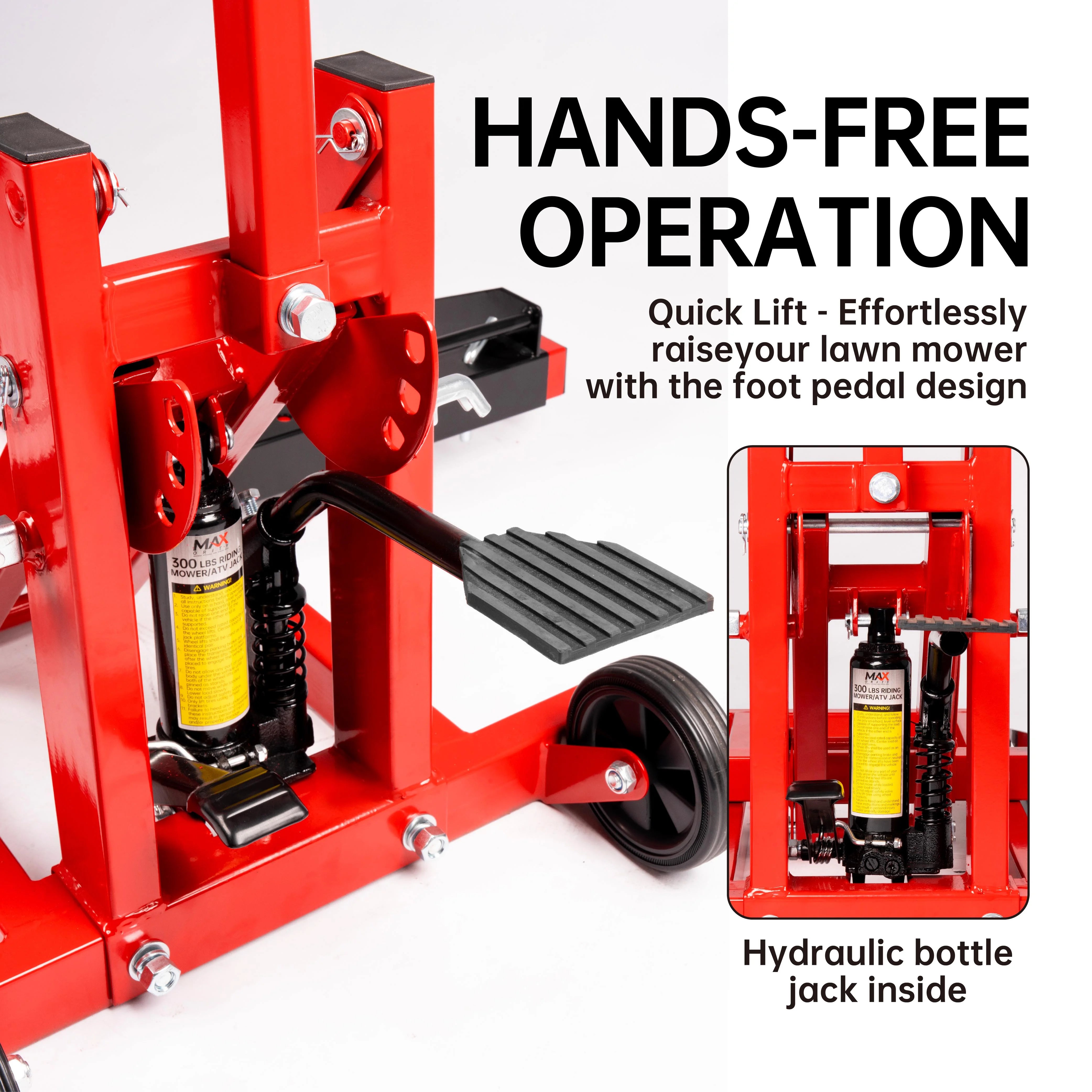 2026 New 300lb Capacity, Adjustable Riding Lift Jack Heavy Duty Construction with Safety Lock, Non-Slip Wheels&Handle for Tractors, Atvs and Zero Turn Lawn Mowers - Image 3