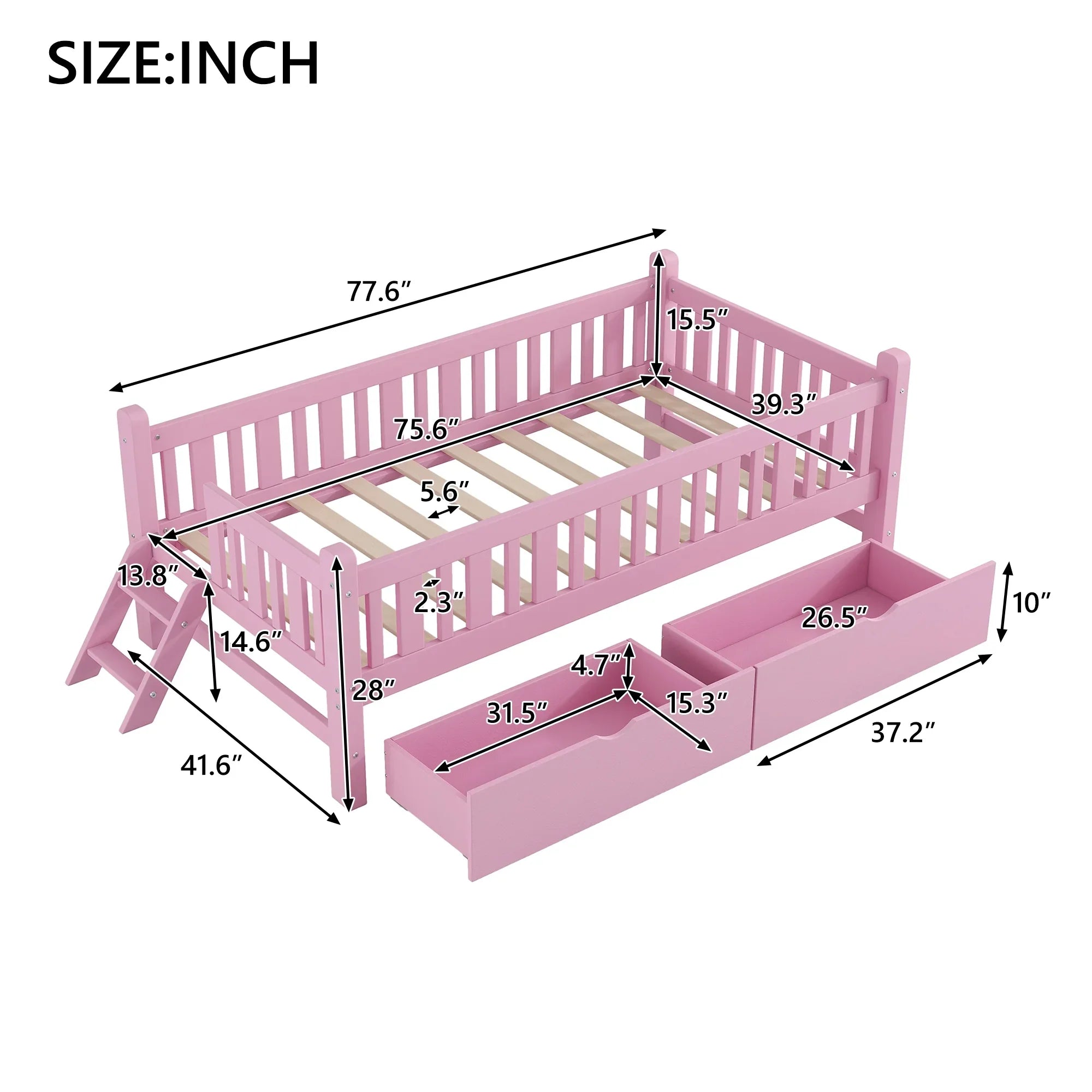 2026 New Euroco Wood Twin Size Platform Bed with 2 Drawers and Ladder for Kids and Toddlers, White - Image 16