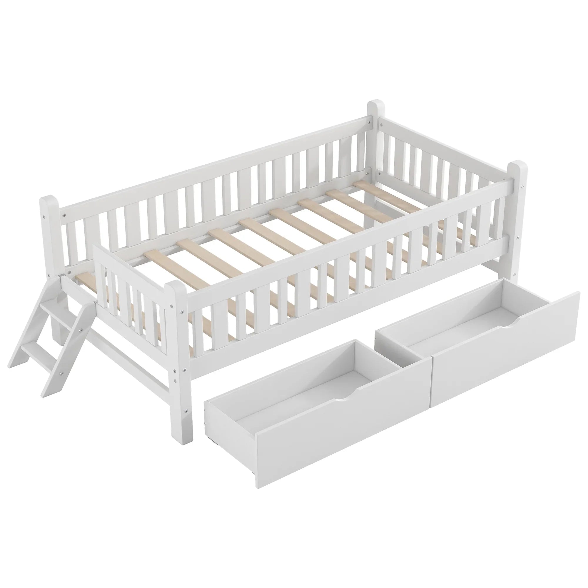 2026 New Euroco Wood Twin Size Platform Bed with 2 Drawers and Ladder for Kids and Toddlers, White - Image 9