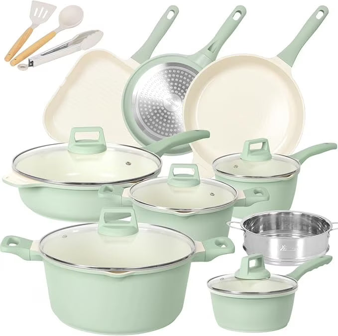 2026 New Romswi Nonstick Pots and Pans Set, 23 Piece Induction Cookware Sets Non-stick Ceramic Kitchen Sets with Utensil, Green