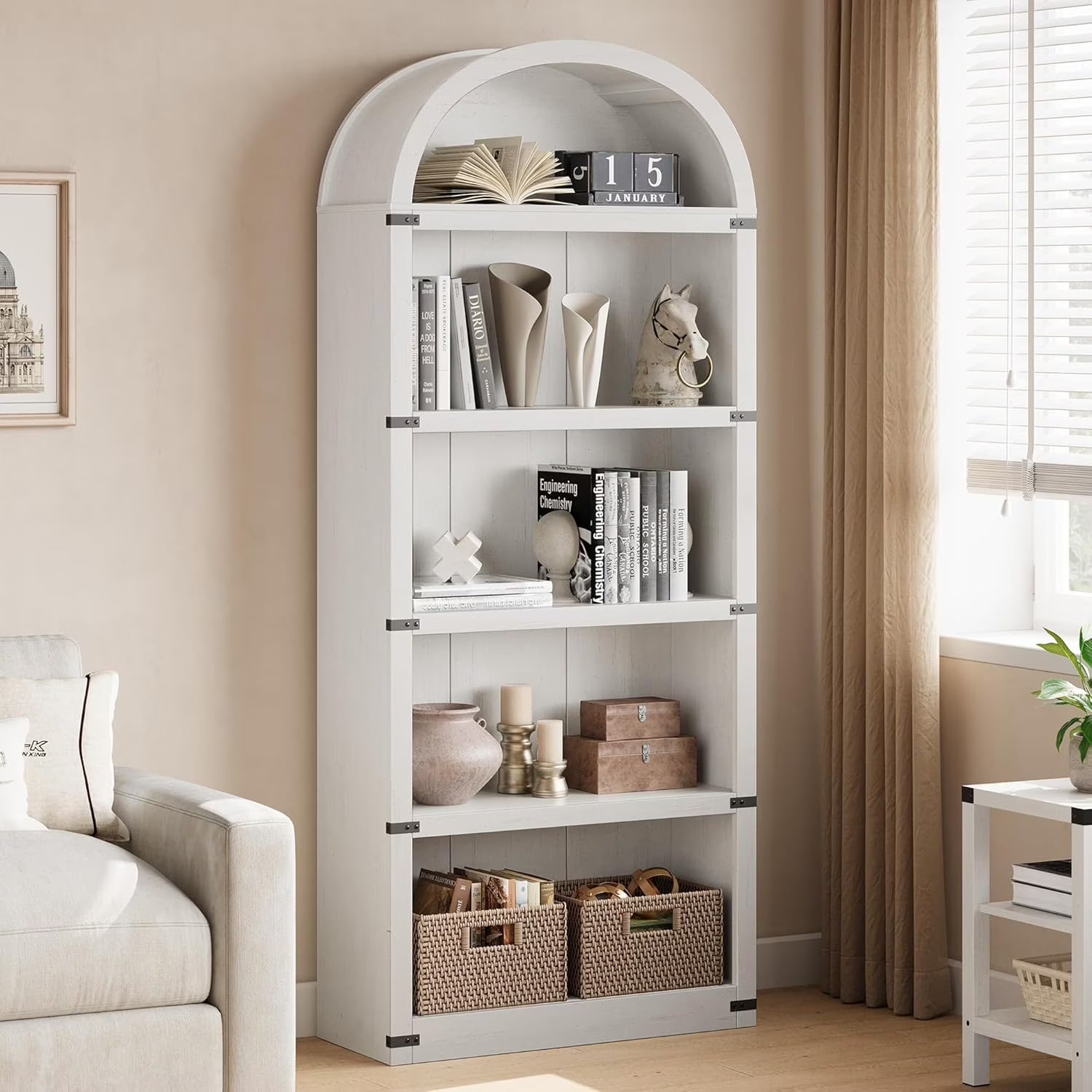 2026 New Bookcase 5 Shelf Arched Bookshelf 71.65in Tall Bookcase Farmhouse Display Storage Rack Wooden Bookshelves for Home Office, Living Room(white)