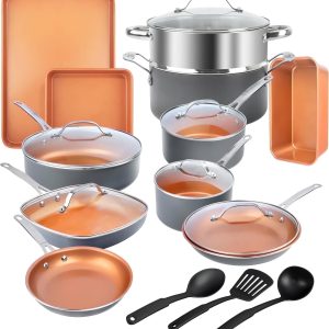 2026 New Gotham Steel 20 Pc Ceramic Cookware Set Nonstick, Pots and Pans Set Non Stick for Kitchen with Bakeware and Utensils, Pots and Pans for Cooking, Oven & Dishwasher Safe, Grey/Copper