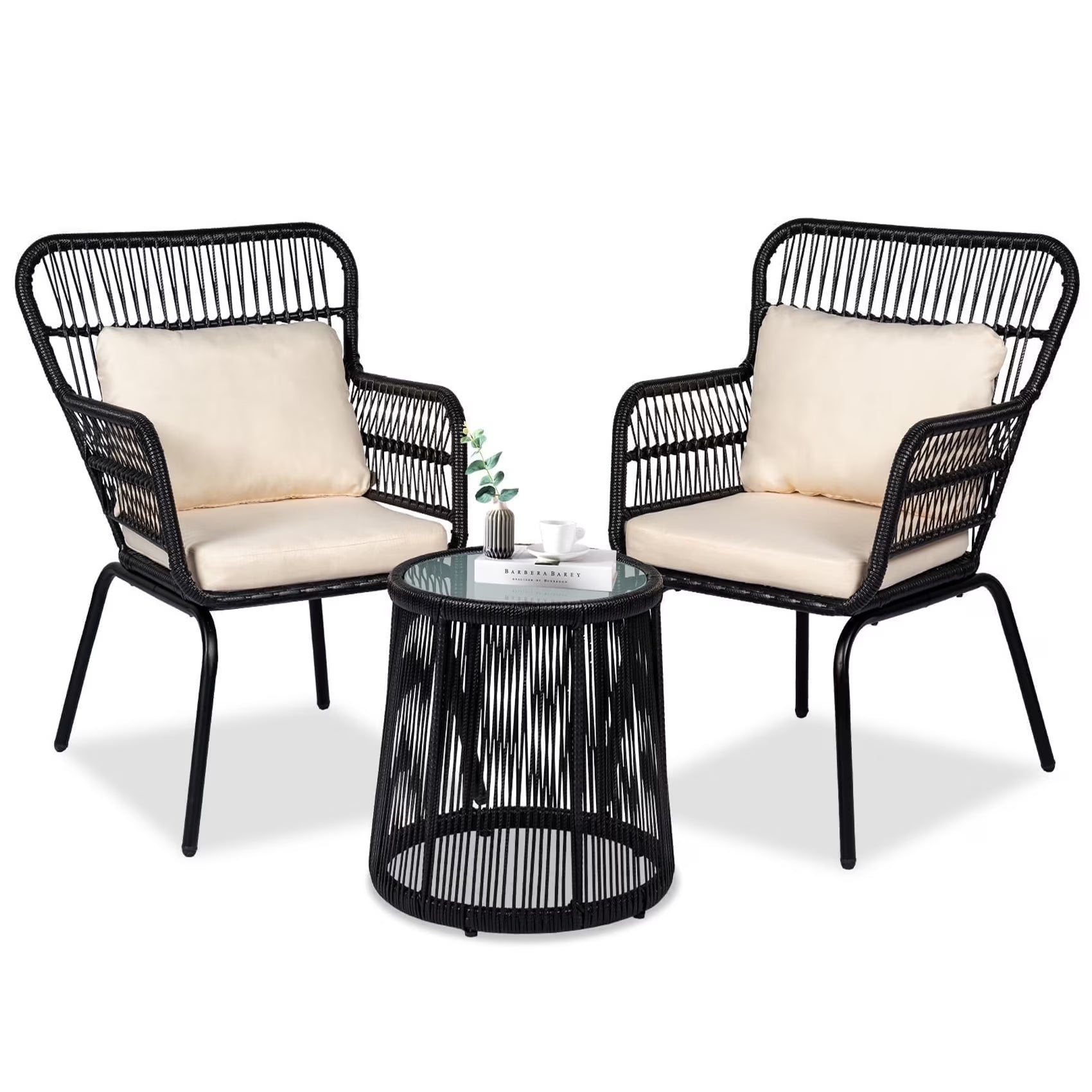 2026 New Tappio 3-Piece Patio Conversation Bistro Set Rattan Furniture, Outdoor Patio Set w/Glass Top Table & Cushions for Garden Balcony Backyard Poolside, Yellow/Beige - Image 3