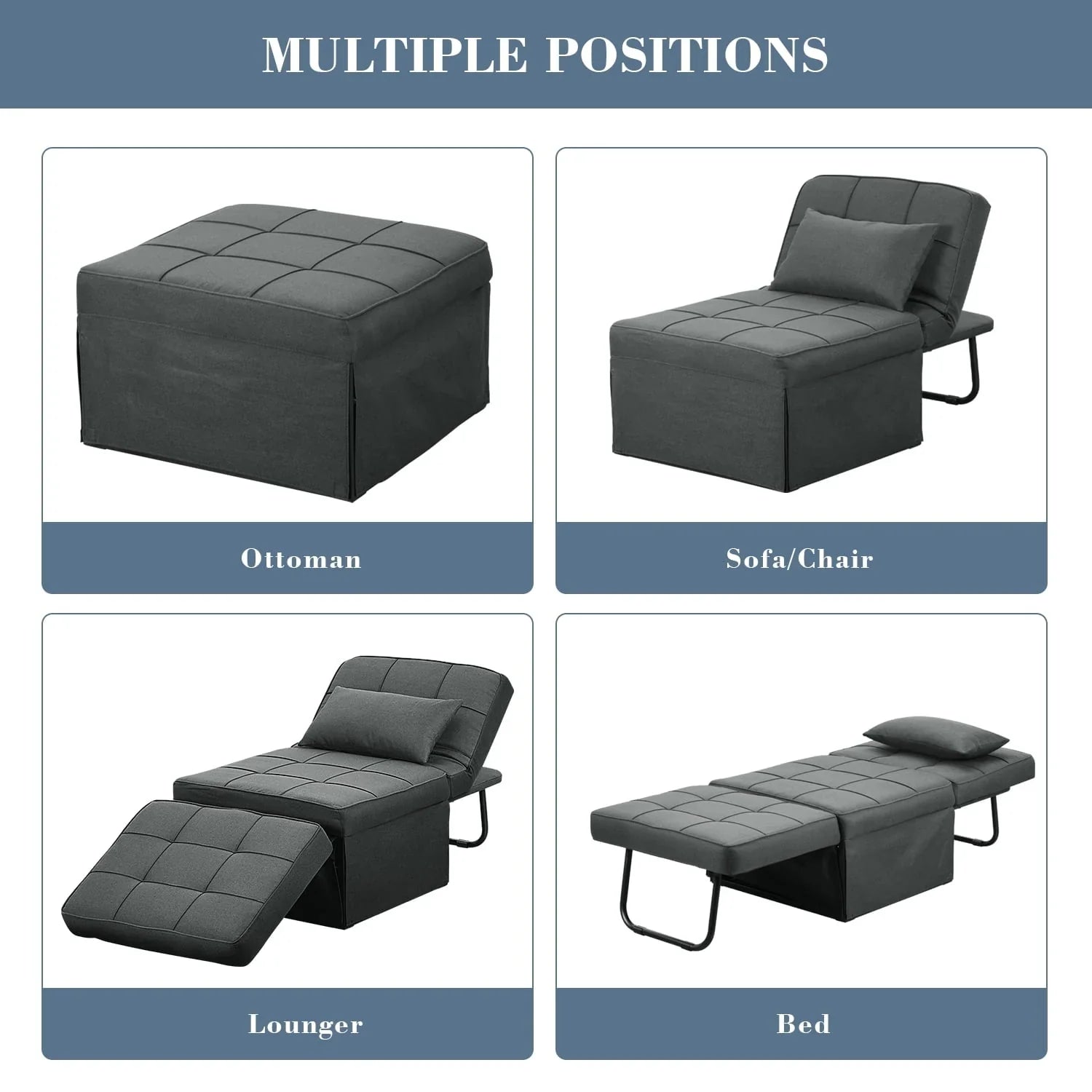2026 New Ainfox Folding Sofa Bed, 4 in 1 Daybeds Ottoman Chair Lounge Couch for Guest Sleeper, Suitable for Modern Living Room, Bedroom, Small Single Size(Dark Grey) - Image 5