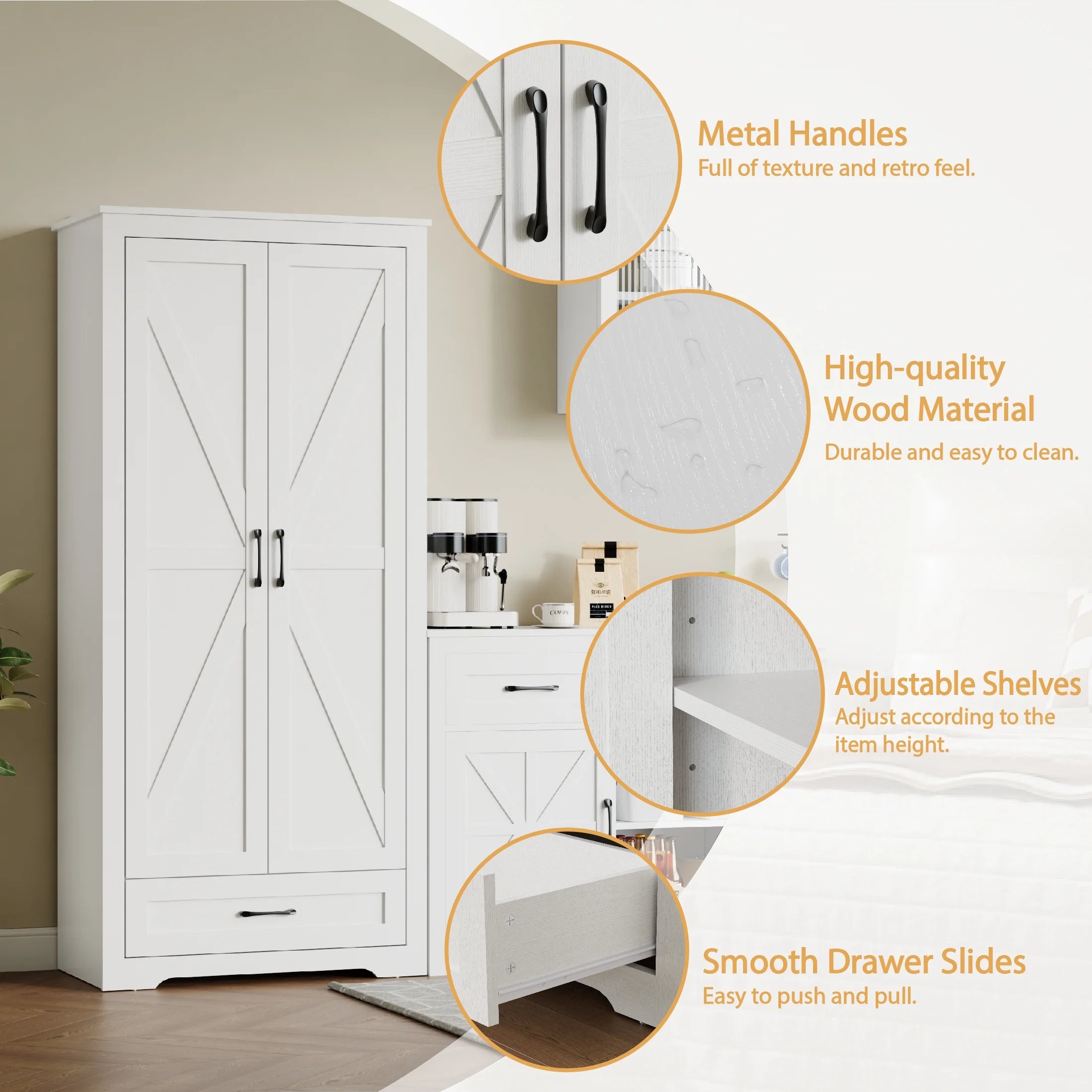 2026 New YouTrend 69" Tall Kitchen Pantry,Farmhouse Storage Cabinet with 2 Barn Doors 4 Adjustable Shelves and Large Drawer for Dining Room,Living Room,Bathroom,White - Image 5