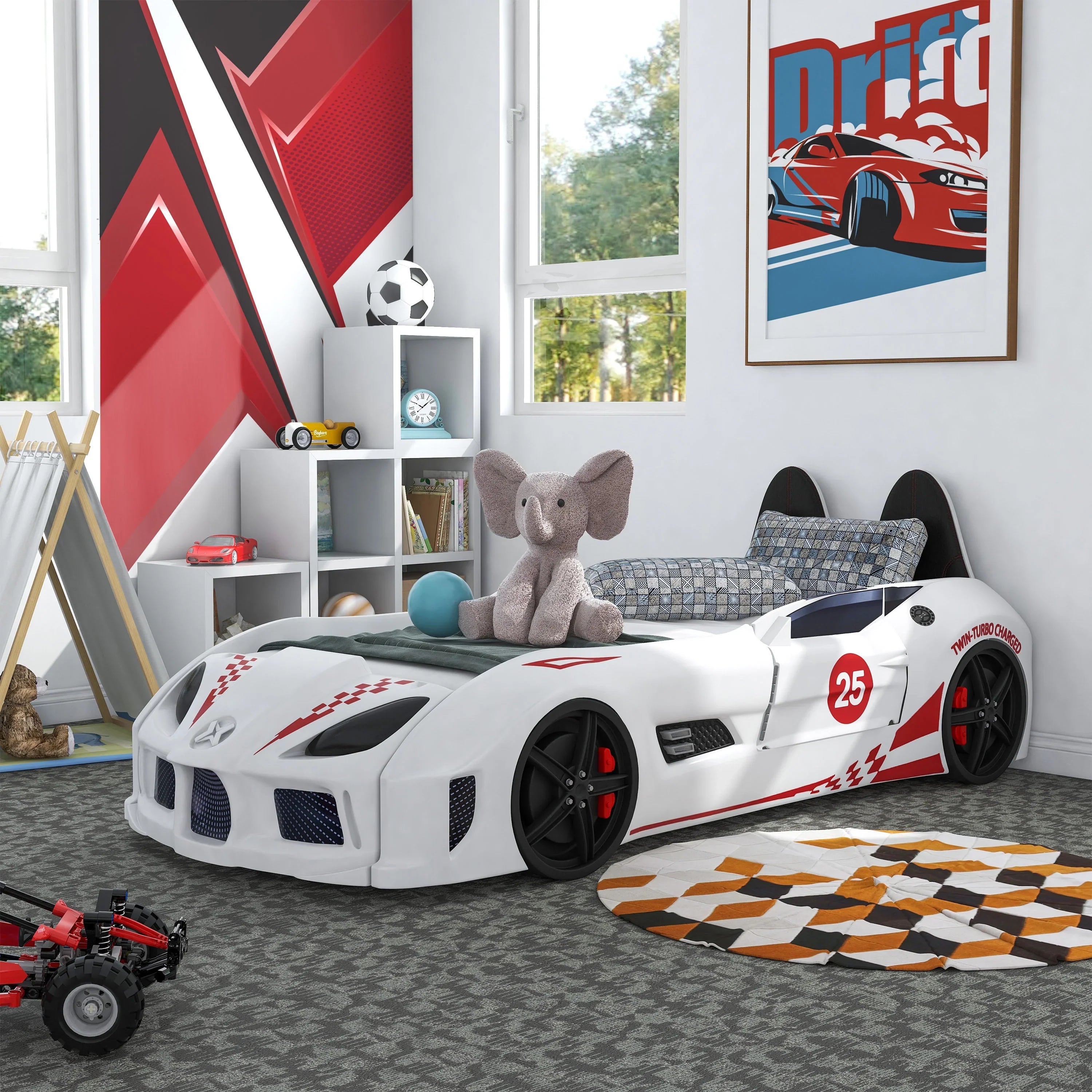 2026 New Furniture of America Dash Kids Plastic Twin Race Car Bed with LED and Sound, White - Image 10