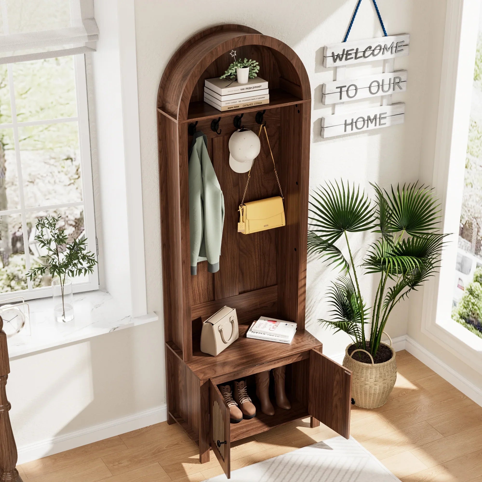 2026 New LUCKYELF Hall Tree with Shoe Storage, Entryway Bench with 4 Hooks and 2 Doors, Arch Coat Rack Cabinet for Hallway - Image 7