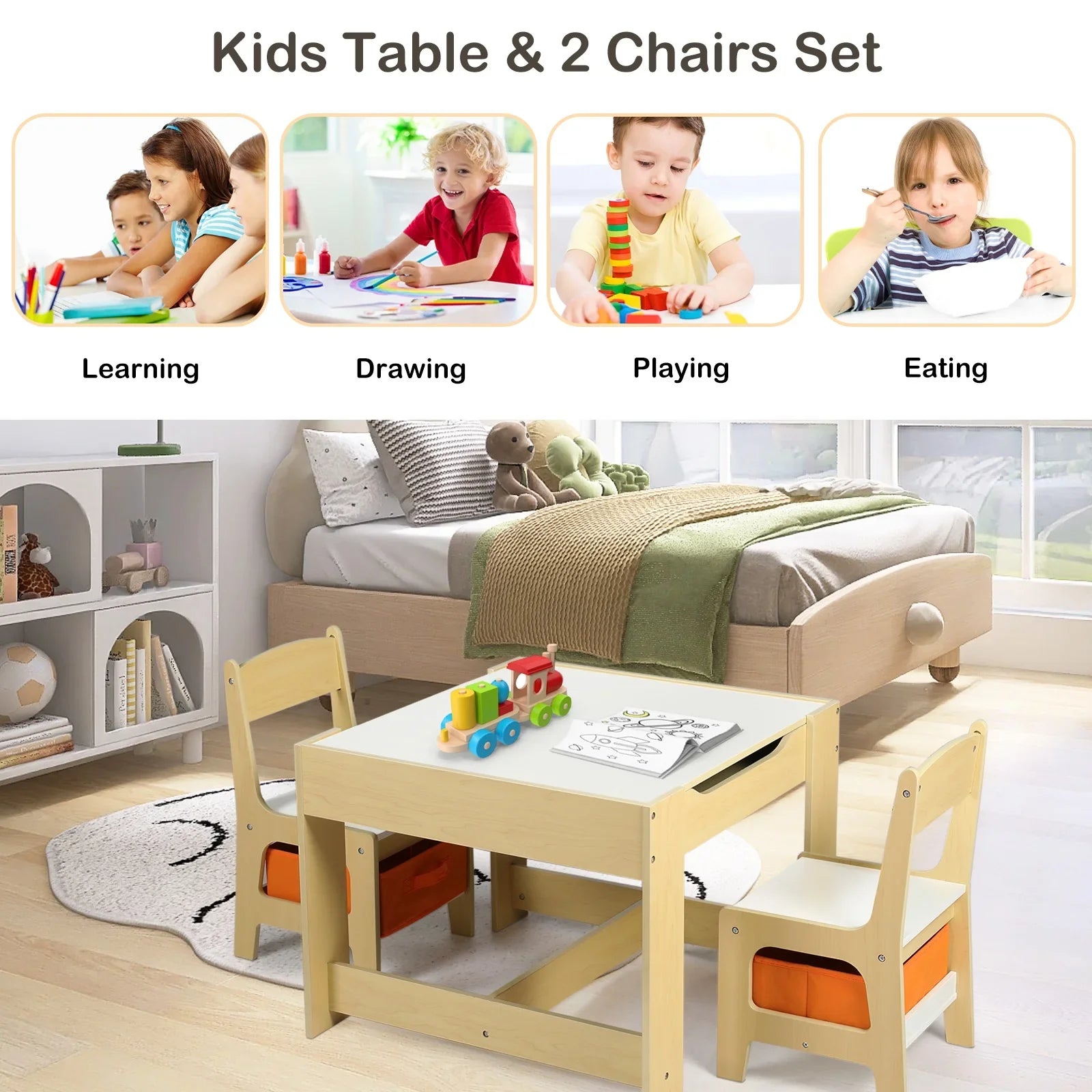 2026 New LINLUX Kids Table and 2 Chairs Set, Children Activity Table Chairs with Chalkboard/Whiteboard, Grey - Image 11