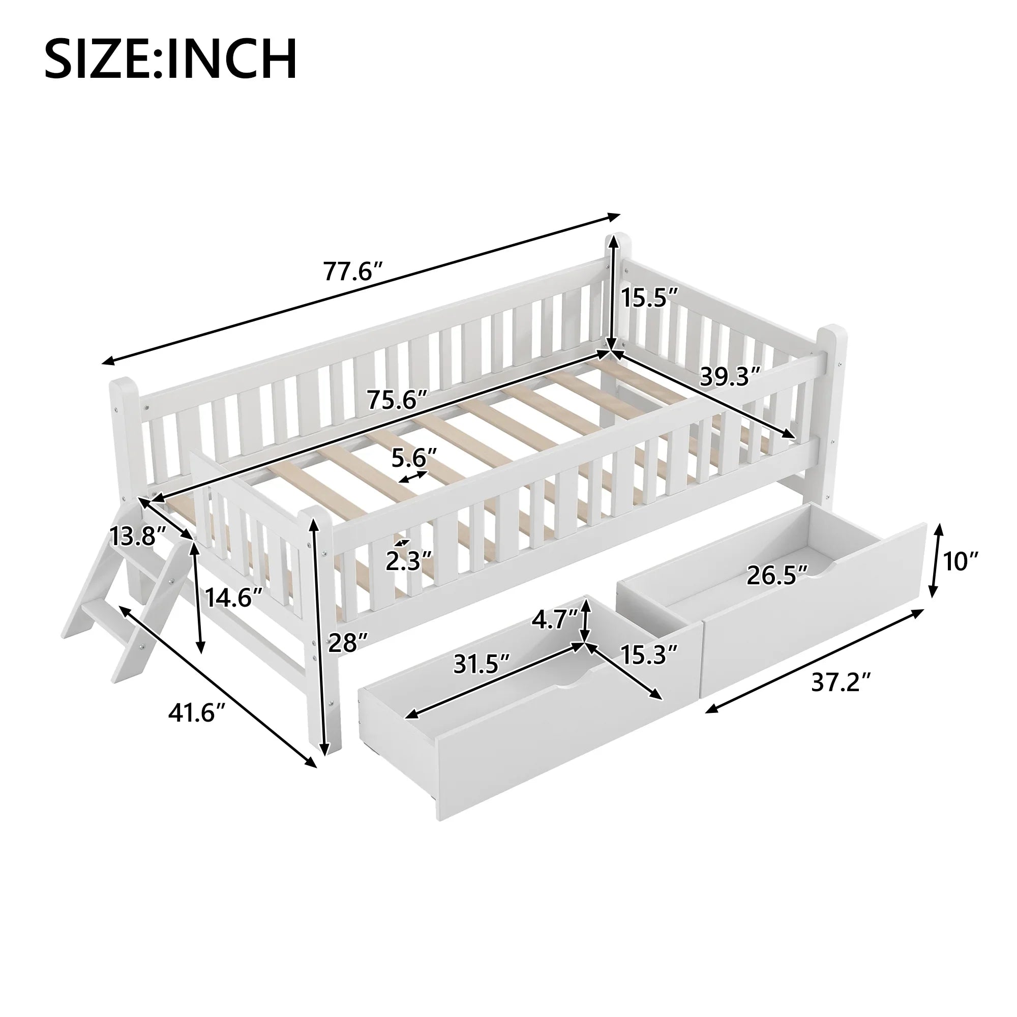 2026 New Euroco Wood Twin Size Platform Bed with 2 Drawers and Ladder for Kids and Toddlers, White - Image 5