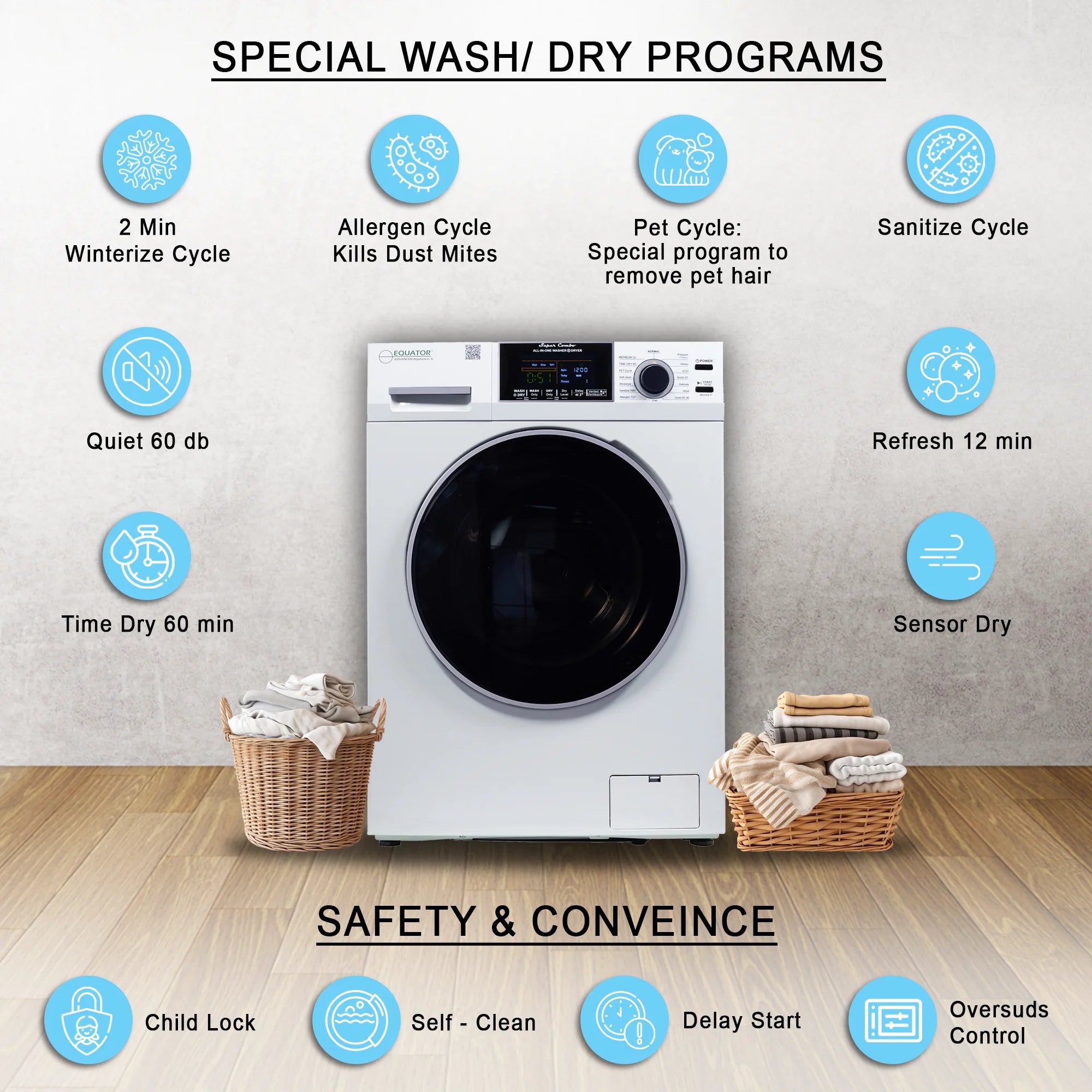 2026 New Equator Combination Washer Dryer Ventless/Vented Pet cycle 1.62cf/15lbs 110V with Adjustable legs - Image 6