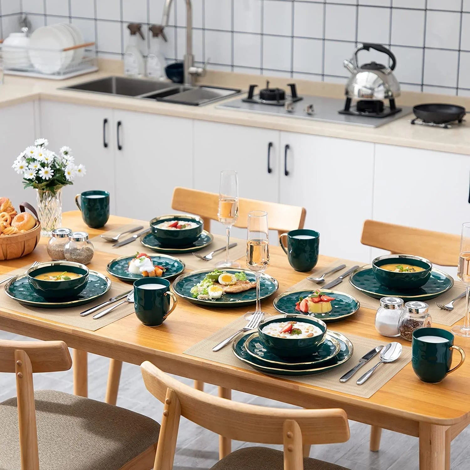2026 New LOVECASA Dinnerware Sets, Stoneware Dinner Set for 8, 32-Piece Round Dark Green and Gold, Series Sweet - Image 3