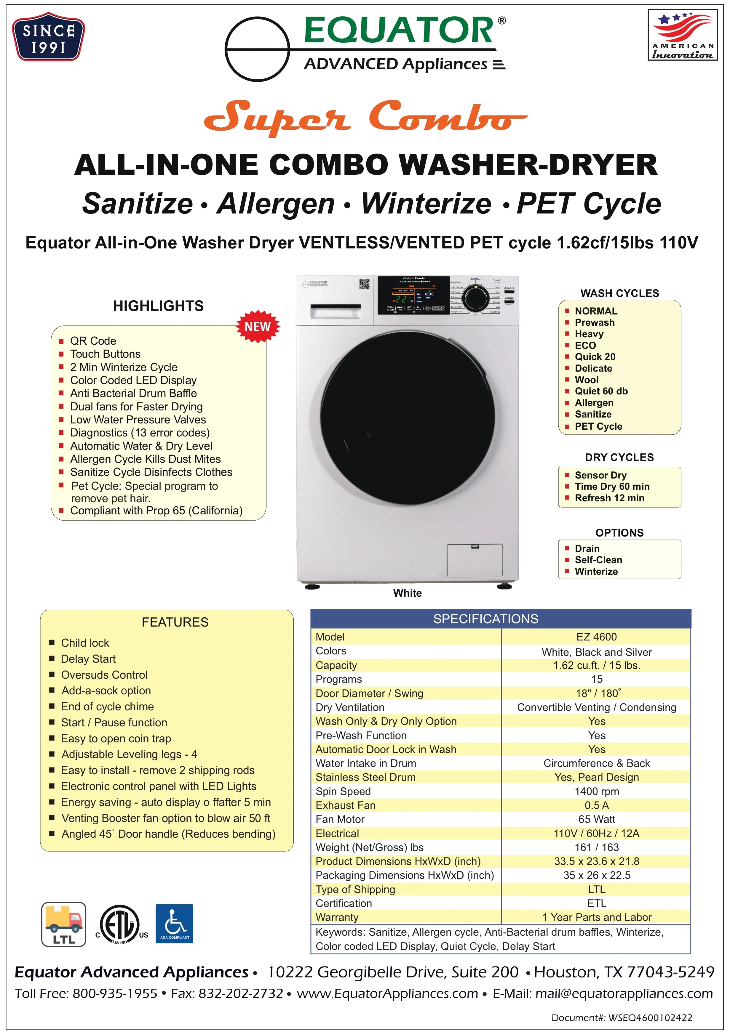2026 New Equator Combination Washer Dryer Ventless/Vented Pet cycle 1.62cf/15lbs 110V with Adjustable legs - Image 11