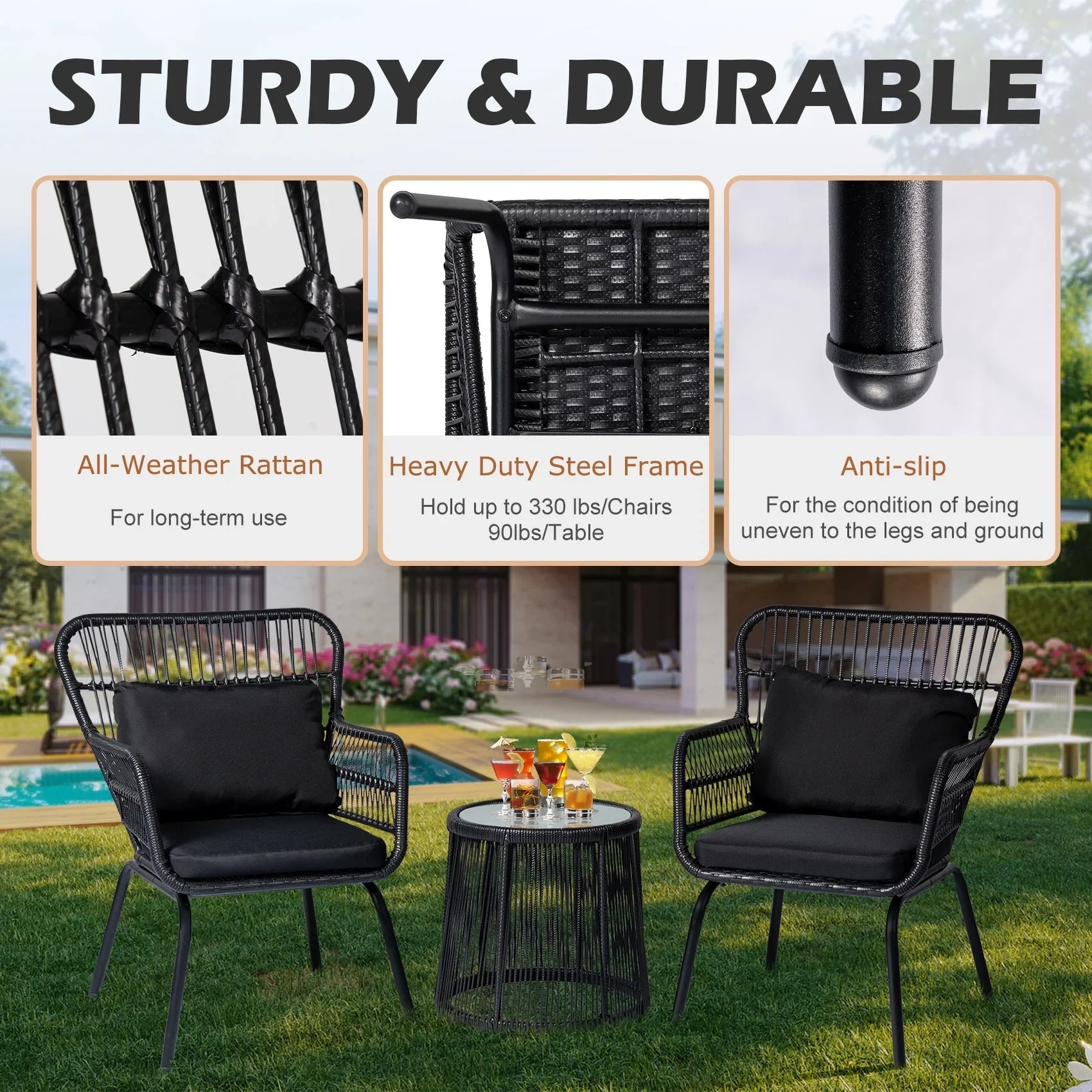 2026 New Tappio 3-Piece Patio Conversation Bistro Set Rattan Furniture, Outdoor Patio Set w/Glass Top Table & Cushions for Garden Balcony Backyard Poolside, Yellow/Beige - Image 14