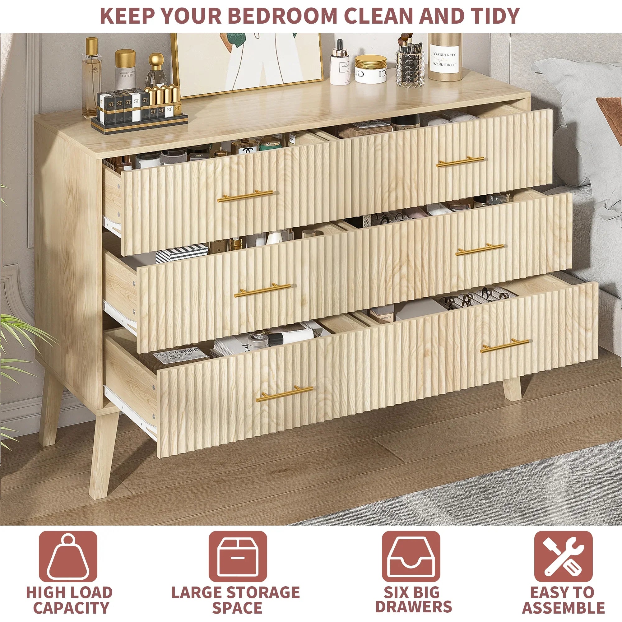 2026 New Fluted 6 Drawers Dresser, Wide Modern Chest of Drawers, 6 Drawer Double Dresser - Image 11