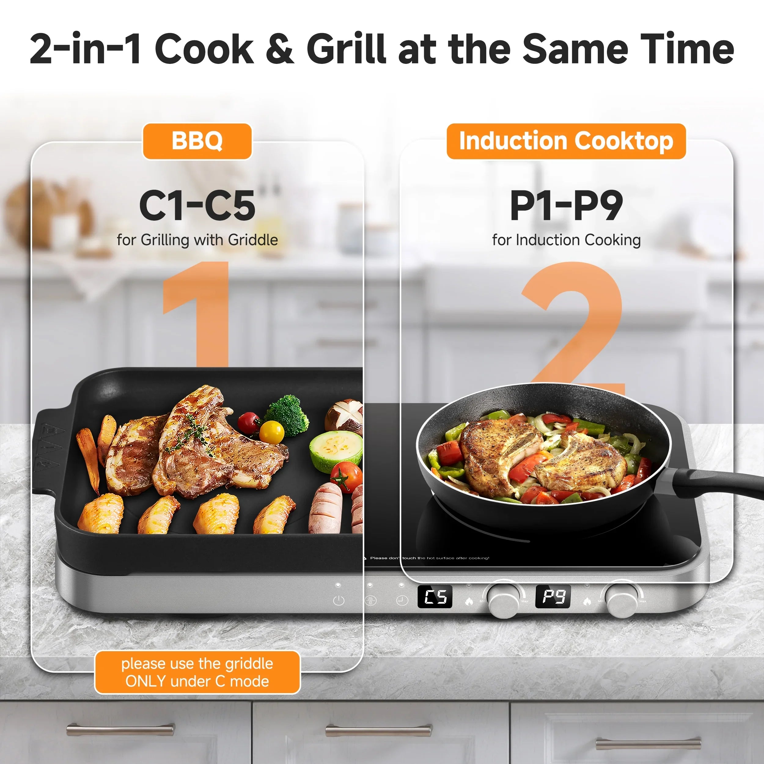 2026 New Sunmaki Portable Double Induction Cooktop with Removable Griddle Pan Non-stick, 1800W 2 burner Induction Hot Plate With Sensor Touch 9 Power Levels, 99 Min Timer,Great for Family Party - Image 3