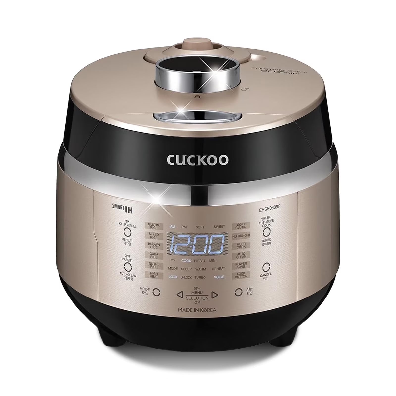 2026 New Cuckoo 3 Cup Dry Induction Heating Pressure Rice Cooker with Micom Logic Tech, Nonstick Pot, Warmer, 16 Menu Modes and Voice Guide in Gold (CRP-EHSS0309FG)