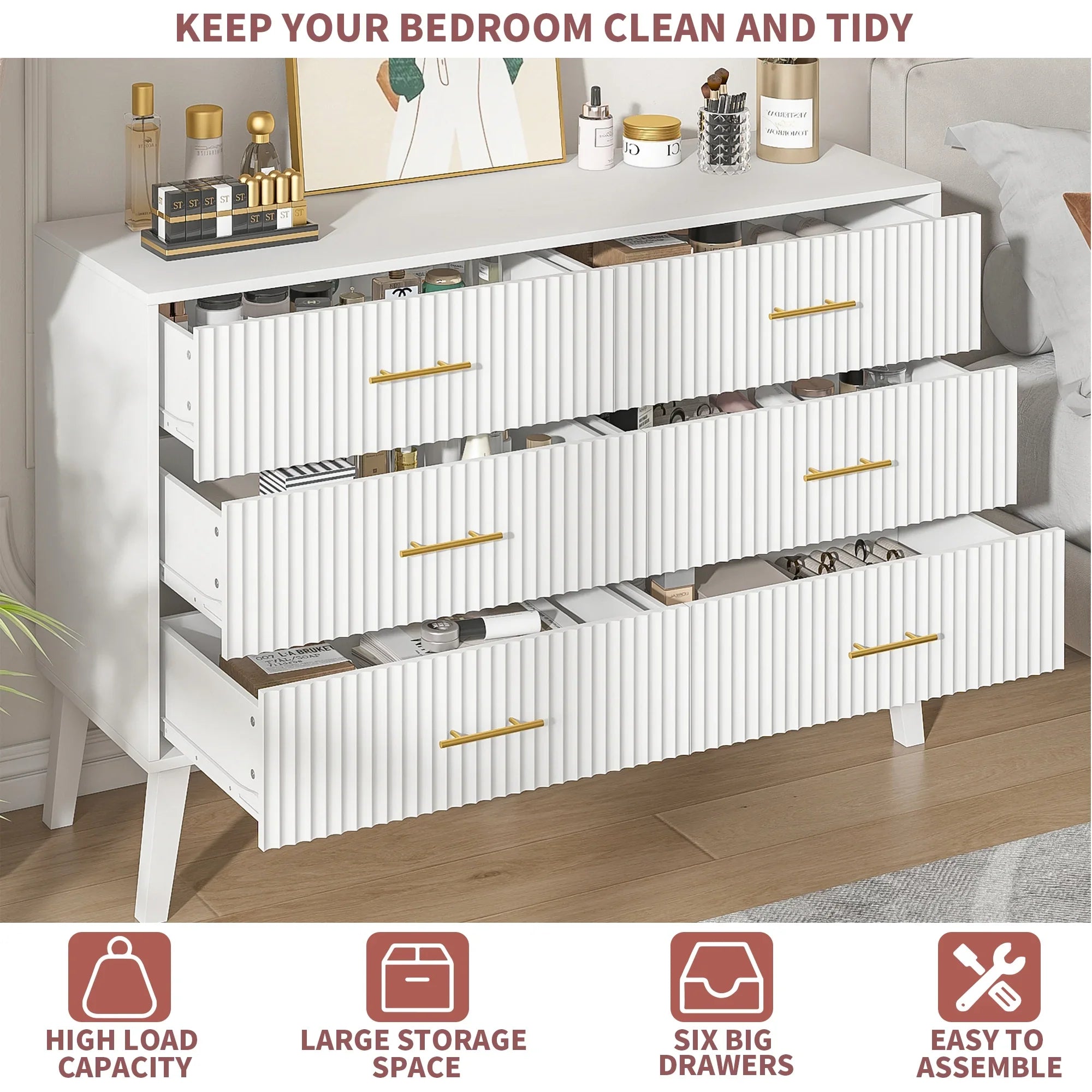 2026 New Fluted 6 Drawers Dresser, Wide Modern Chest of Drawers, 6 Drawer Double Dresser - Image 20