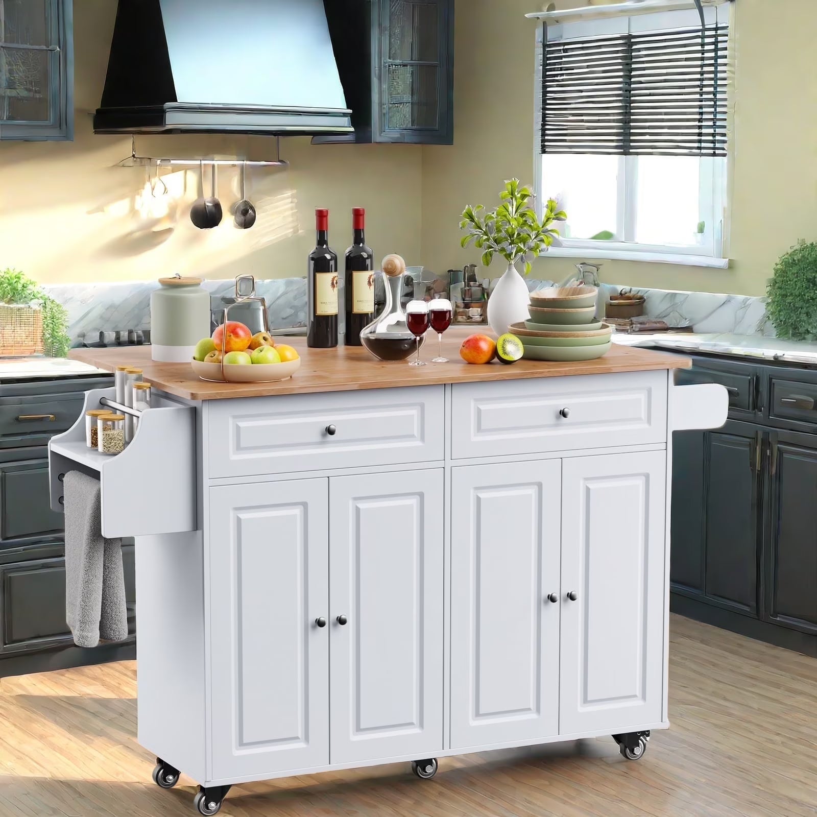 2026 New Lofka 52-Inch Kitchen Island with Storage on Wheels with Wood Drop Leaf, Ideal for Small Kitchens