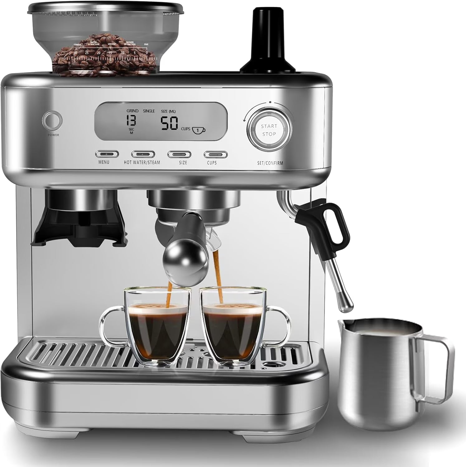 2026 New Espresso Machine with Grinder, Professional Coffee and Espresso Maker Combo, Stainless Steel Cafe Espresso Machine with Steam Wand Barista Kit for Cappuccino Latte
