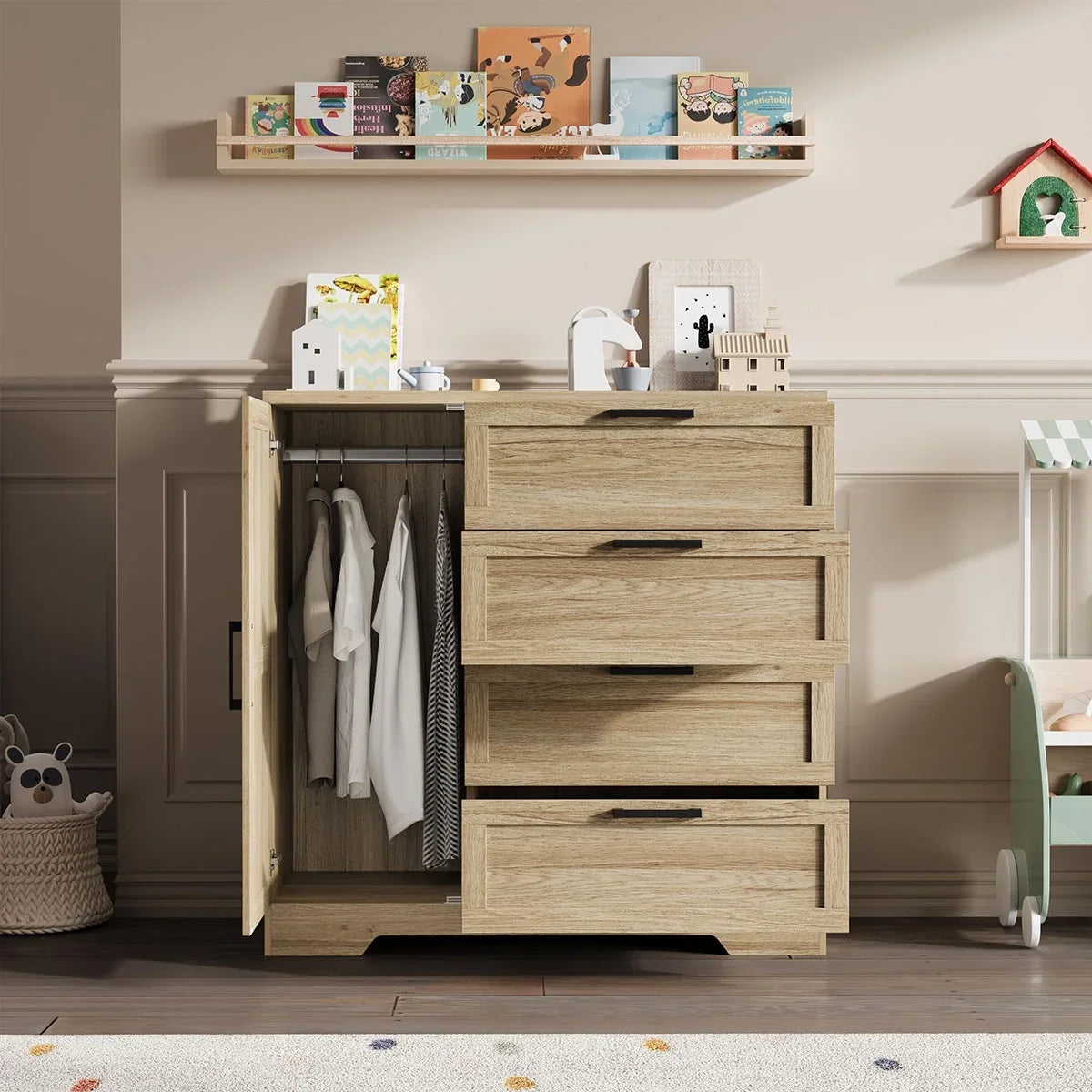 2026 New Ataucjin Wood Armoire Wardrobe Closet with 4 Drawers and Door, 43.3" H Bedroom Wardrobe Cabinet with Hanging Rod, Clothing Storage Cabinets, 4 Drawers Dresser with Storage Closet - Image 9