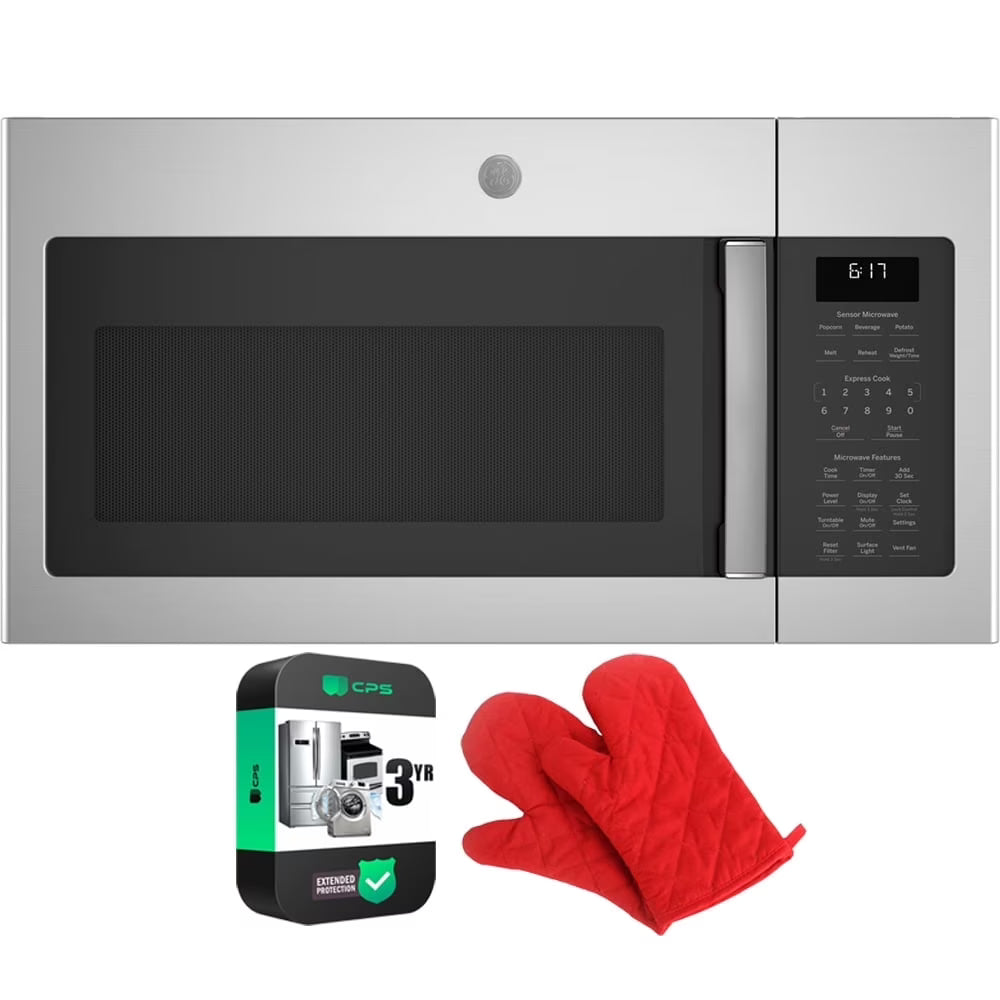 2026 New GE JVM6175SKSS 1.7 Cu. Ft. Over-the-Range Sensor Microwave Oven Stainless Steel Bundle with Deco Chef Pair of Red Heat Resistant Oven Mitt and 3 YR CPS Enhanced Protection Pack
