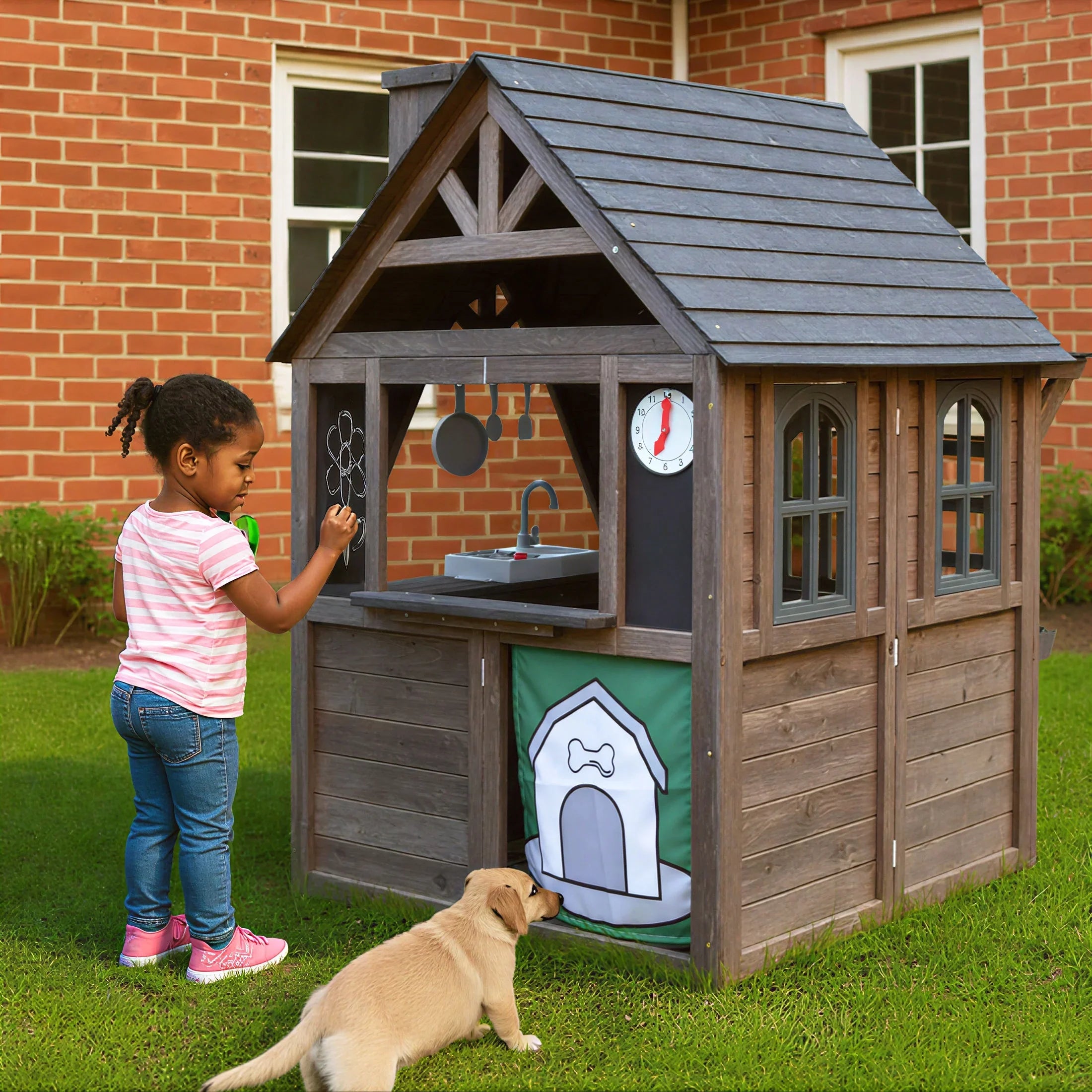 2026 New COCLUB Outdoor Playhouse for Kids Ages 4-8, Wooden Play House with Doorbell, Phone, Kitchen Toys, Outdoor Kids Play Equipment, Casa Para Niñas (45”L x 65”H), White & Black - Image 21
