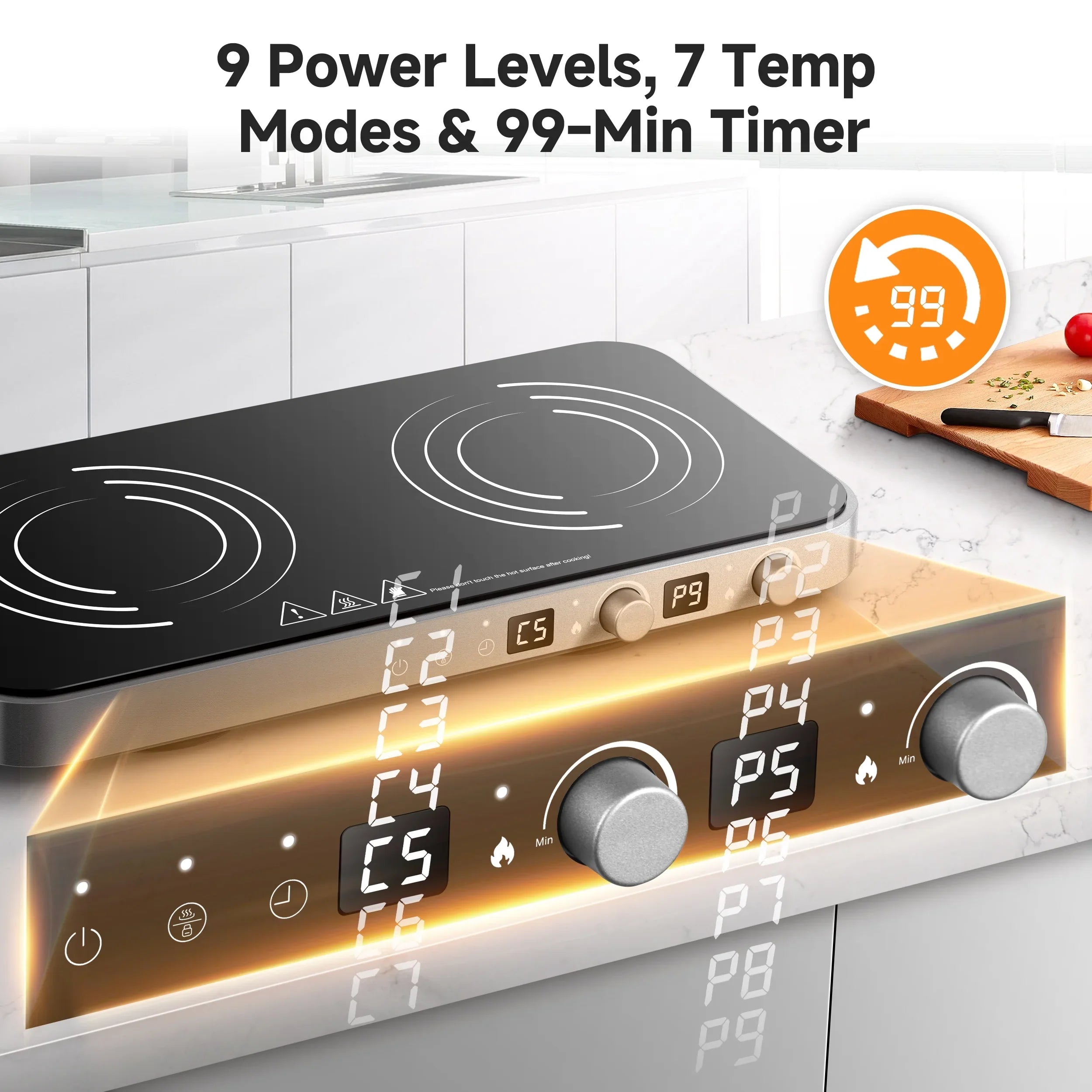 2026 New Sunmaki Portable Double Induction Cooktop with Removable Griddle Pan Non-stick, 1800W 2 burner Induction Hot Plate With Sensor Touch 9 Power Levels, 99 Min Timer,Great for Family Party - Image 6