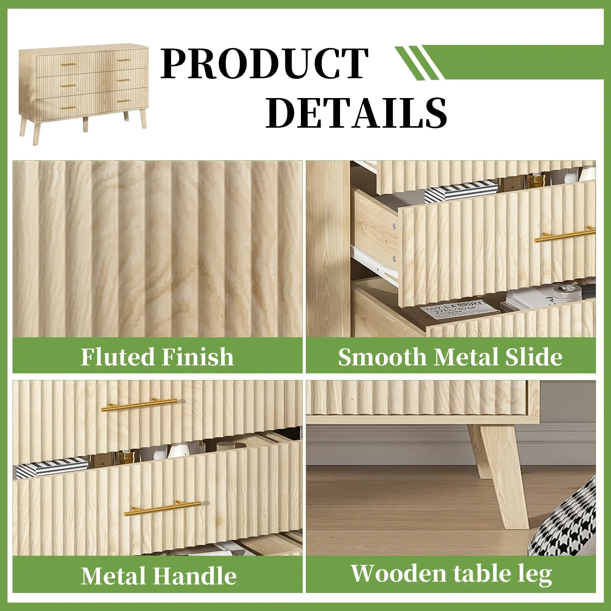 2026 New Fluted 6 Drawers Dresser, Wide Modern Chest of Drawers, 6 Drawer Double Dresser - Image 10