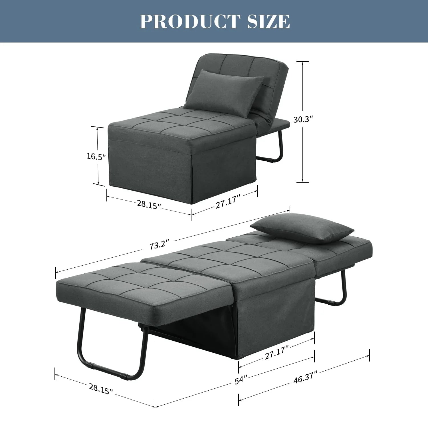 2026 New Ainfox Folding Sofa Bed, 4 in 1 Daybeds Ottoman Chair Lounge Couch for Guest Sleeper, Suitable for Modern Living Room, Bedroom, Small Single Size(Dark Grey) - Image 4