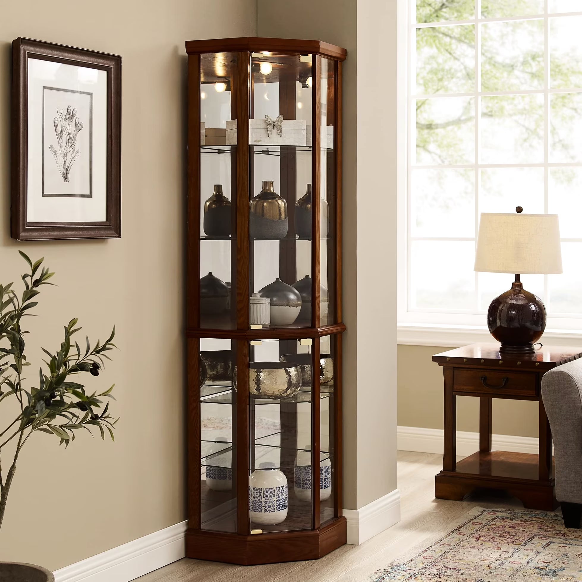 2026 New Walnut Cabinet With 6 Shelves, Adjustable Glass & Mirrored Back Design Shelf Lighted Corner Curio Shelves In