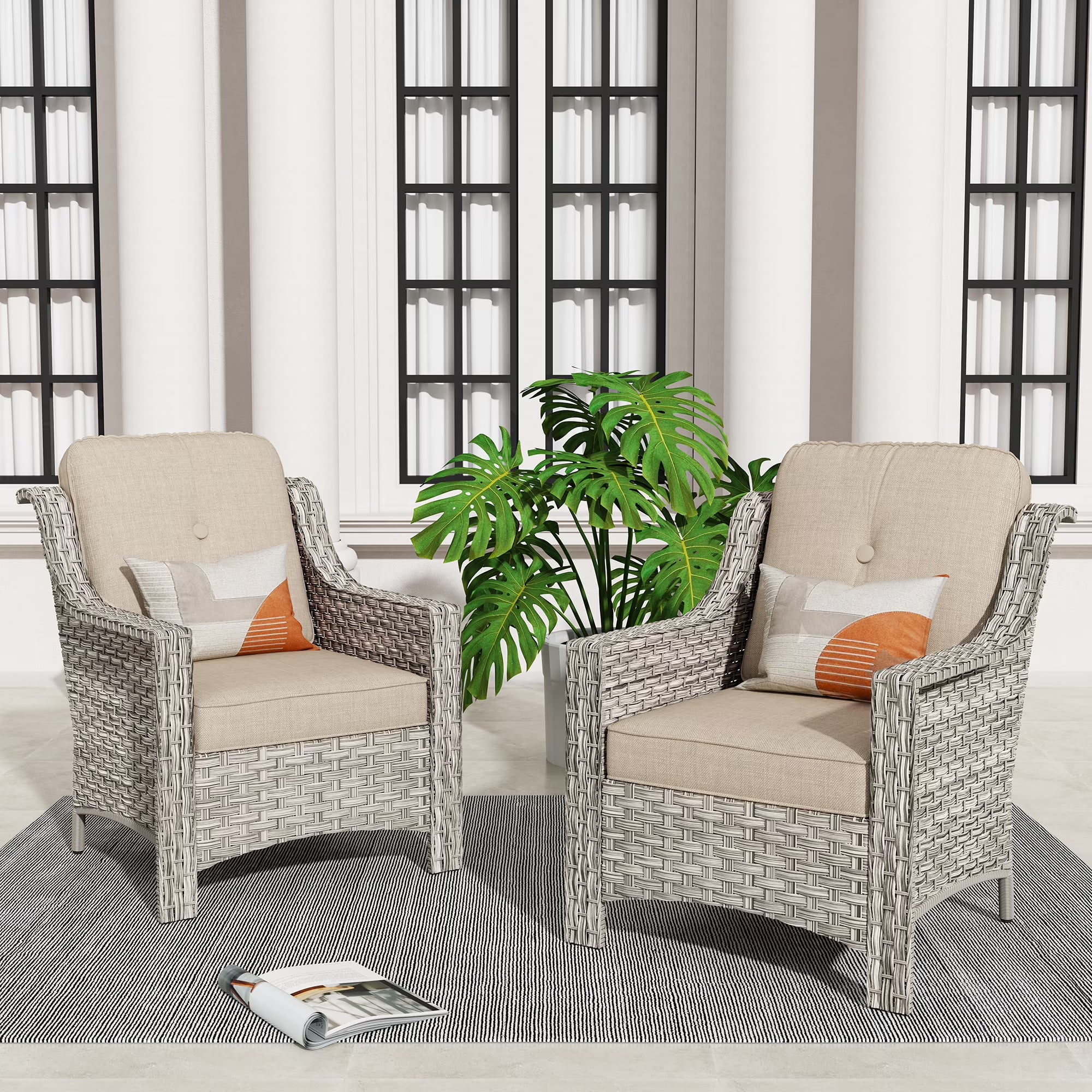 2026 New Ovios Backyard Single Chairs Set 2 Metal Wicker Rattan with Cushion, Beige Grey / Beige