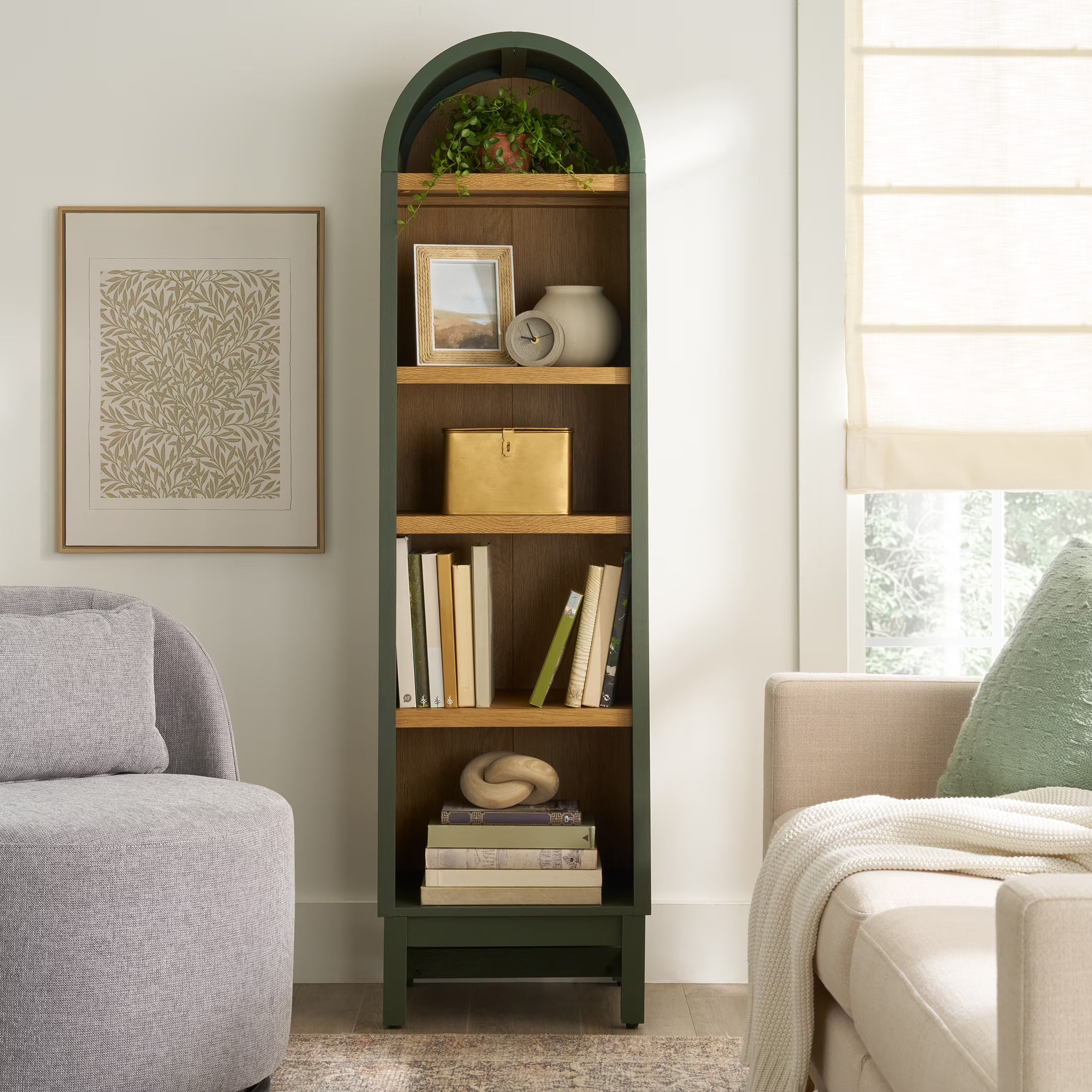 2026 New Better Homes & Gardens Juliet Narrow Arch Bookcase, Deep Green and Light Honey