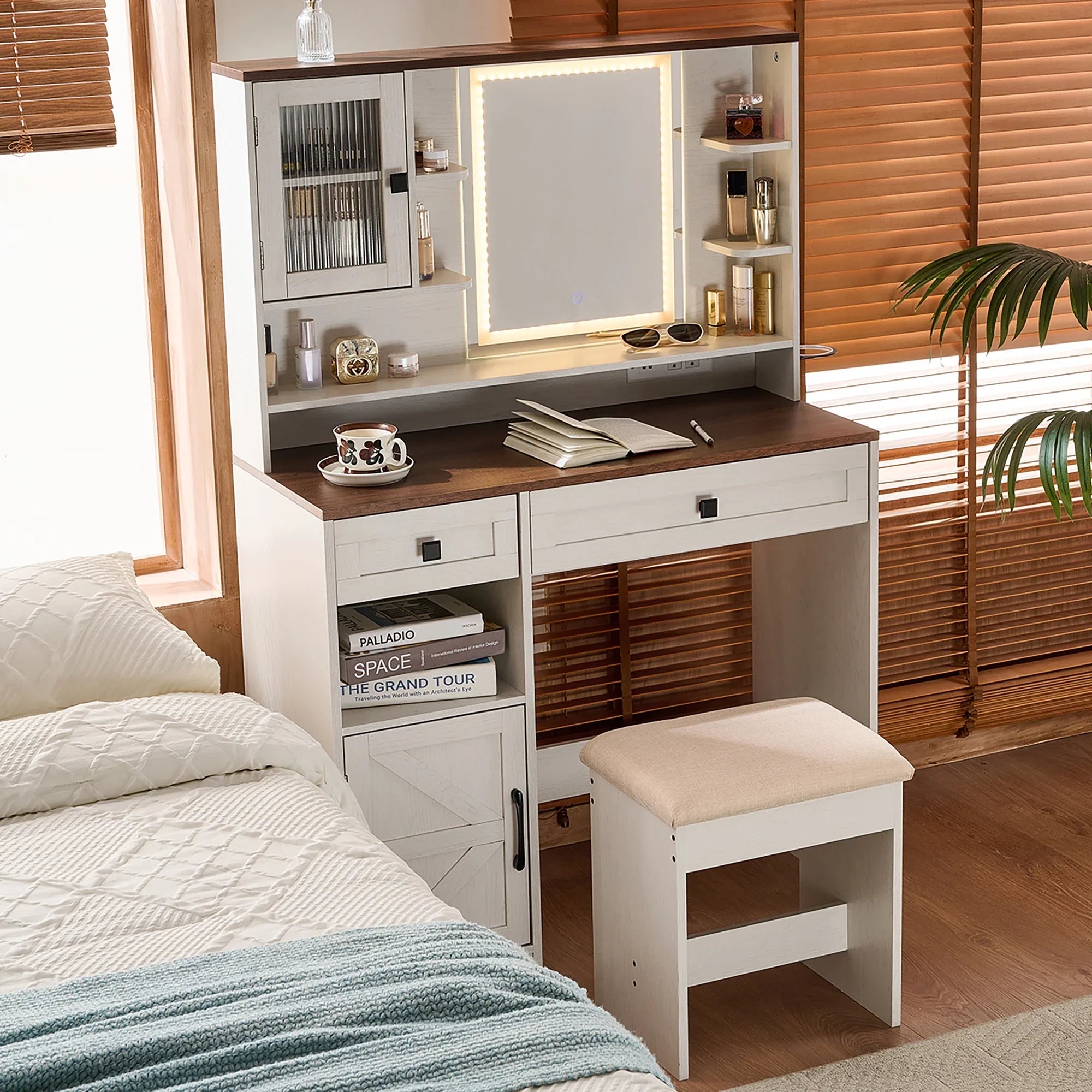 2026 New Farmhouse Makeup Vanity Desk with Mirror and Lights,Dressing Table Set with Charging Station and Stool,Drawers,Shelves and Side Cabinet,White - Image 11