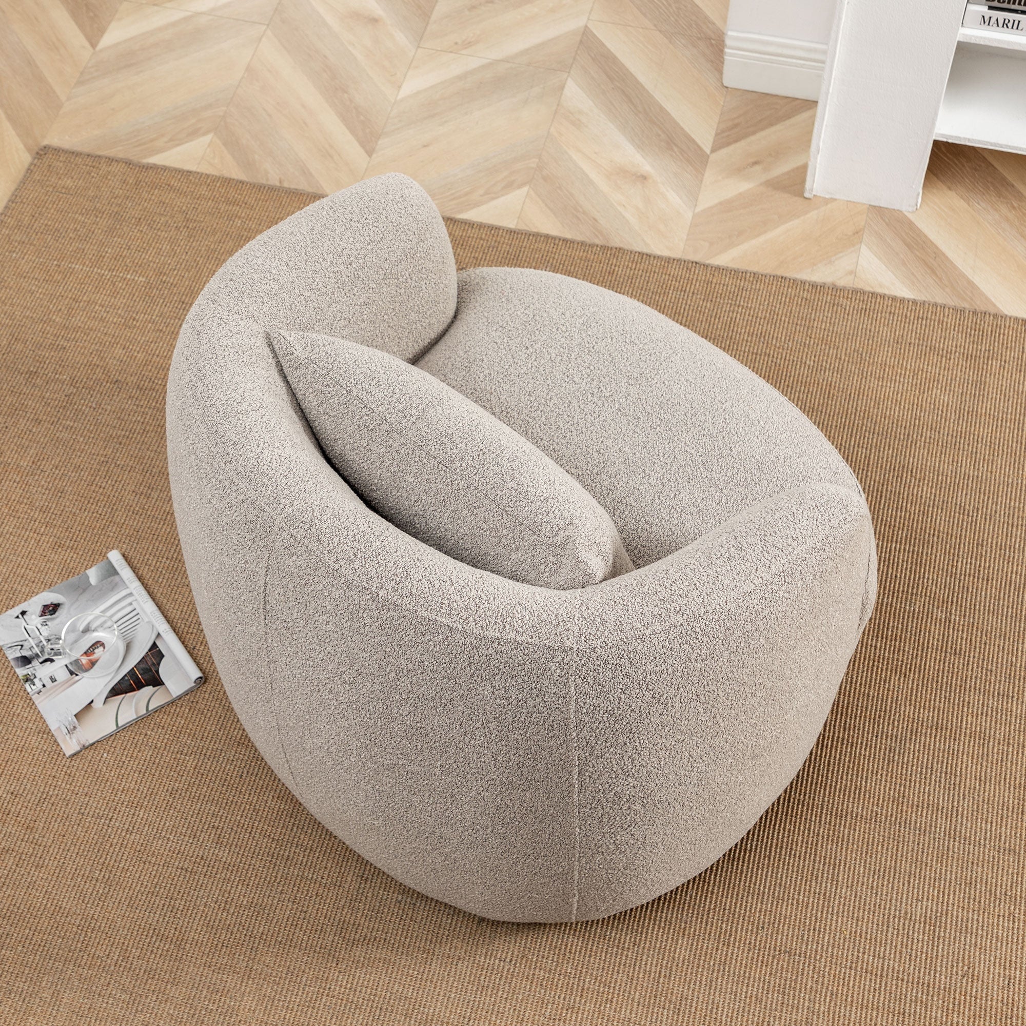 2026 New 34" Wide Boucle Swivel Barrel Chair, No Assembly Round Upholstered Armchair Accent Chair Single Sofa Chair with Toss Pillow for Living Room and Bedroom, Taupe - Image 6