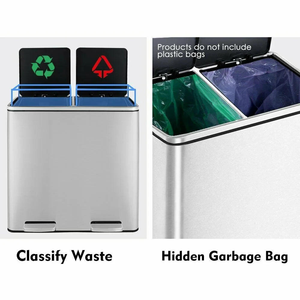 2026 New LAZY BUDDY Dual Garbage Can, Stainless Steel 16 Gallon Step Kitchen Trash Can with Soft-Close Lid, Double Compartment Garbage Recycling Bin - Image 20