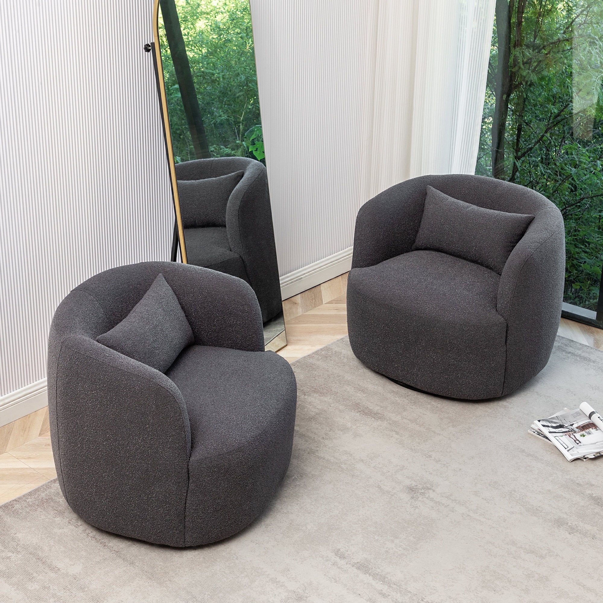 2026 New 34" Wide Boucle Swivel Barrel Chair, No Assembly Round Upholstered Armchair Accent Chair Single Sofa Chair with Toss Pillow for Living Room and Bedroom, Taupe - Image 31