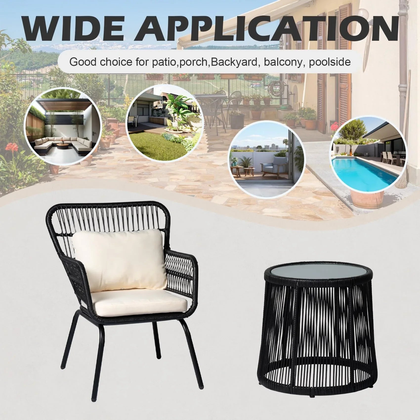 2026 New Tappio 3-Piece Patio Conversation Bistro Set Rattan Furniture, Outdoor Patio Set w/Glass Top Table & Cushions for Garden Balcony Backyard Poolside, Yellow/Beige - Image 25