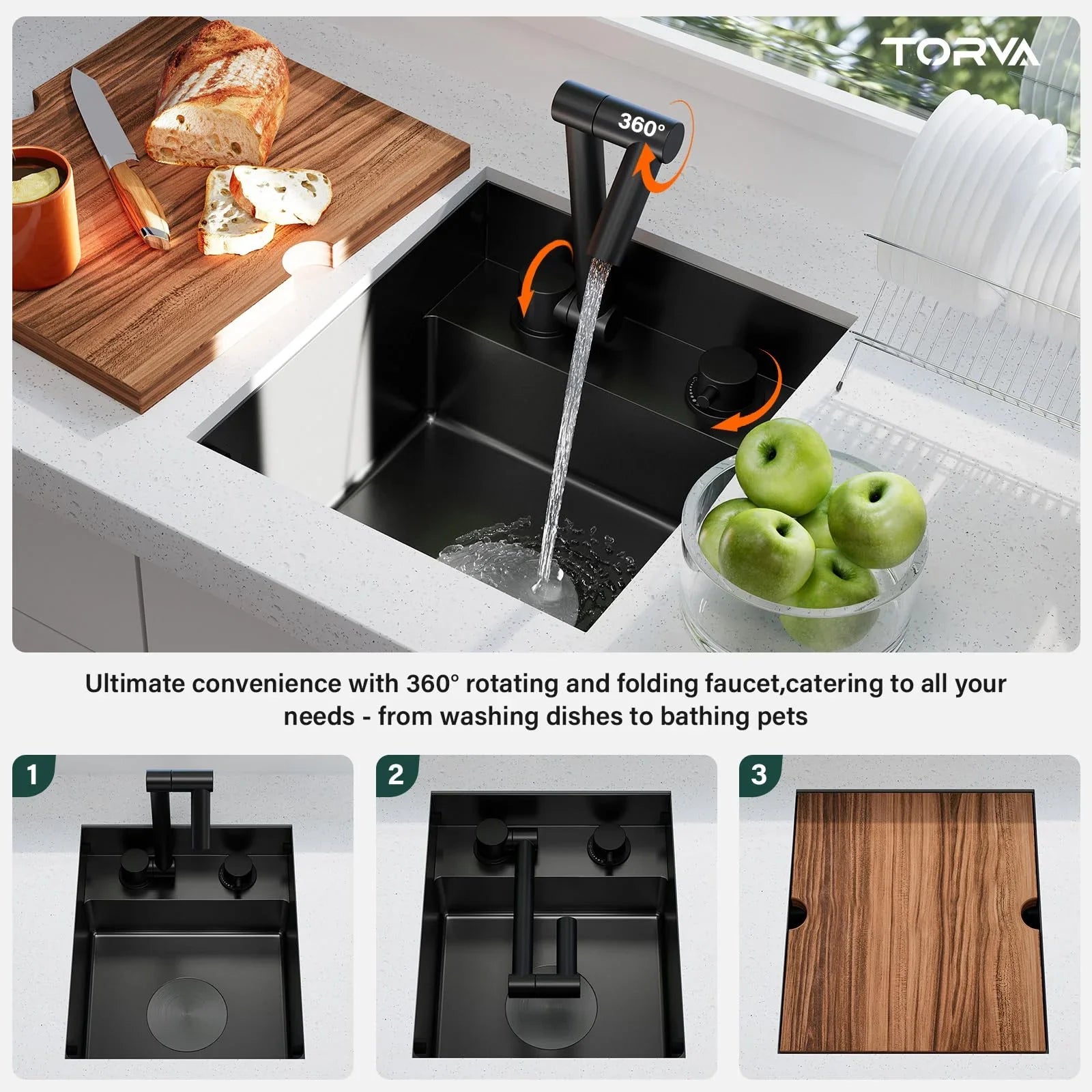 2026 New TORVA RV Kitchen Sink, 13 x 15 x 7 Inch Undermount Bar Sink 16 Gauge Stainless Steel Single Bowl Sink with Foldable Faucet Cutting Board, Dark Grey - Image 4