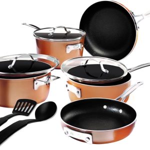 2026 New Gotham Steel Stackmaster 10 Pc Copper Pots and Pans Set Non Stick Cookware Set with Kitchen Utensils, Induction Ready, Non Toxic Nesting Design for 50% Space Saving, Oven and Dishwasher Safe