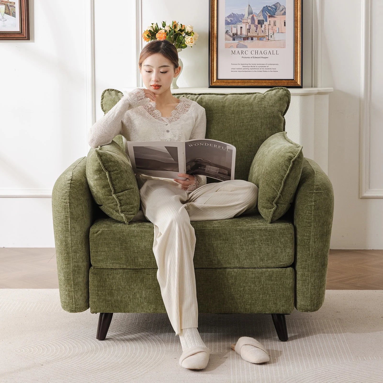 2026 New Rexulqo Oversized Accent Chair with All Seats Storage,Comfy Living Room Chairs with 2 Throw Pillow,Upholstered Mid-Century Armchair,24.5'' Deep Seat,Reading Chair For Bedroom,Office,Chenille,Green - Image 9