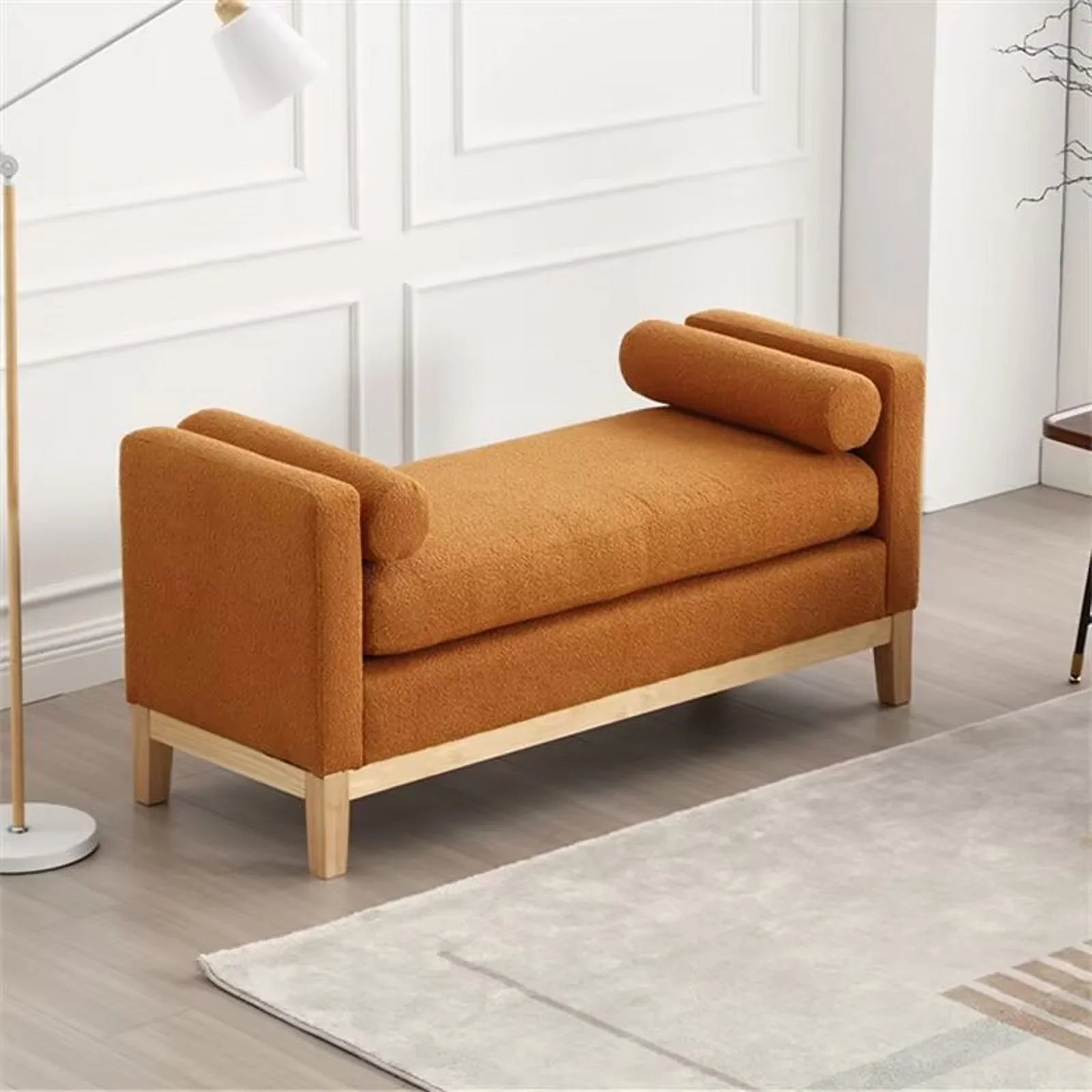 2026 New End of Bed Bench, 53.5" Boucle Fabric Upholstered Entryway Bench with Wood Legs & Bolster Pillows, Rolled Arm Cushioned Ottoman Foot Rest Long Stool Window Extra Seating for Bedroom, Ivory - Image 29