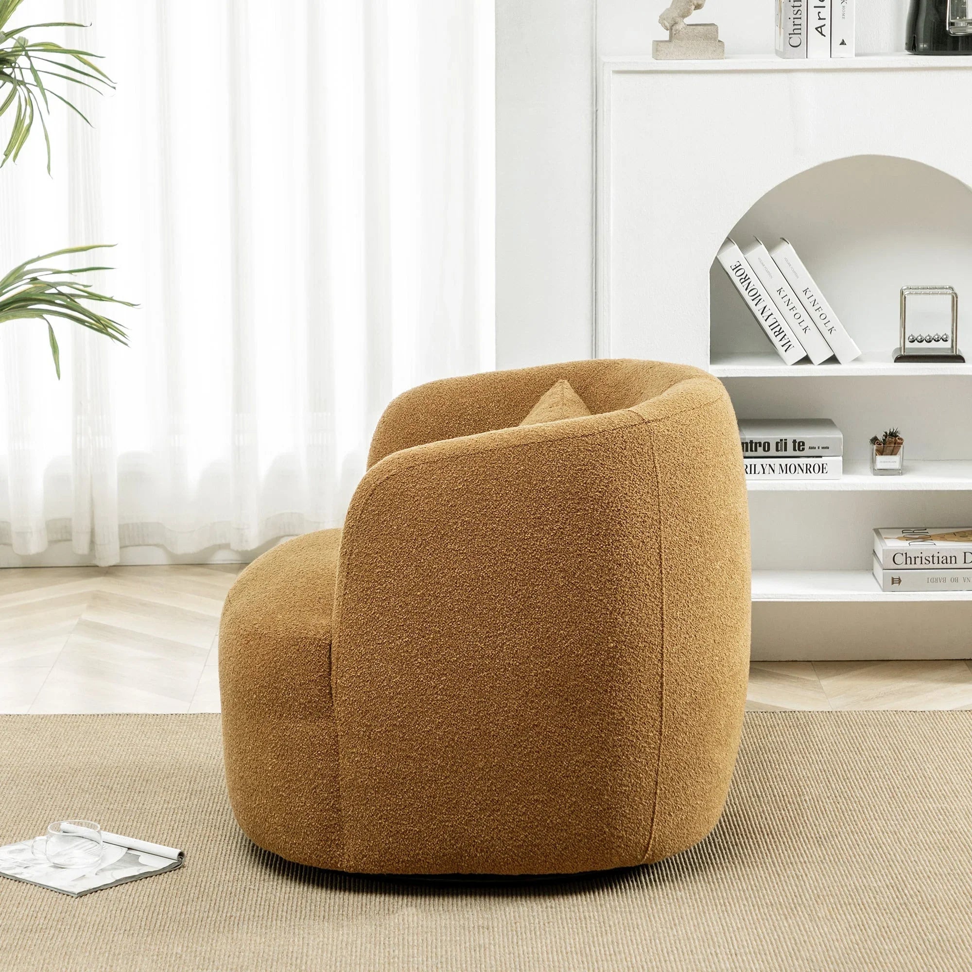 2026 New 34" Wide Boucle Swivel Barrel Chair, No Assembly Round Upholstered Armchair Accent Chair Single Sofa Chair with Toss Pillow for Living Room and Bedroom, Taupe - Image 45